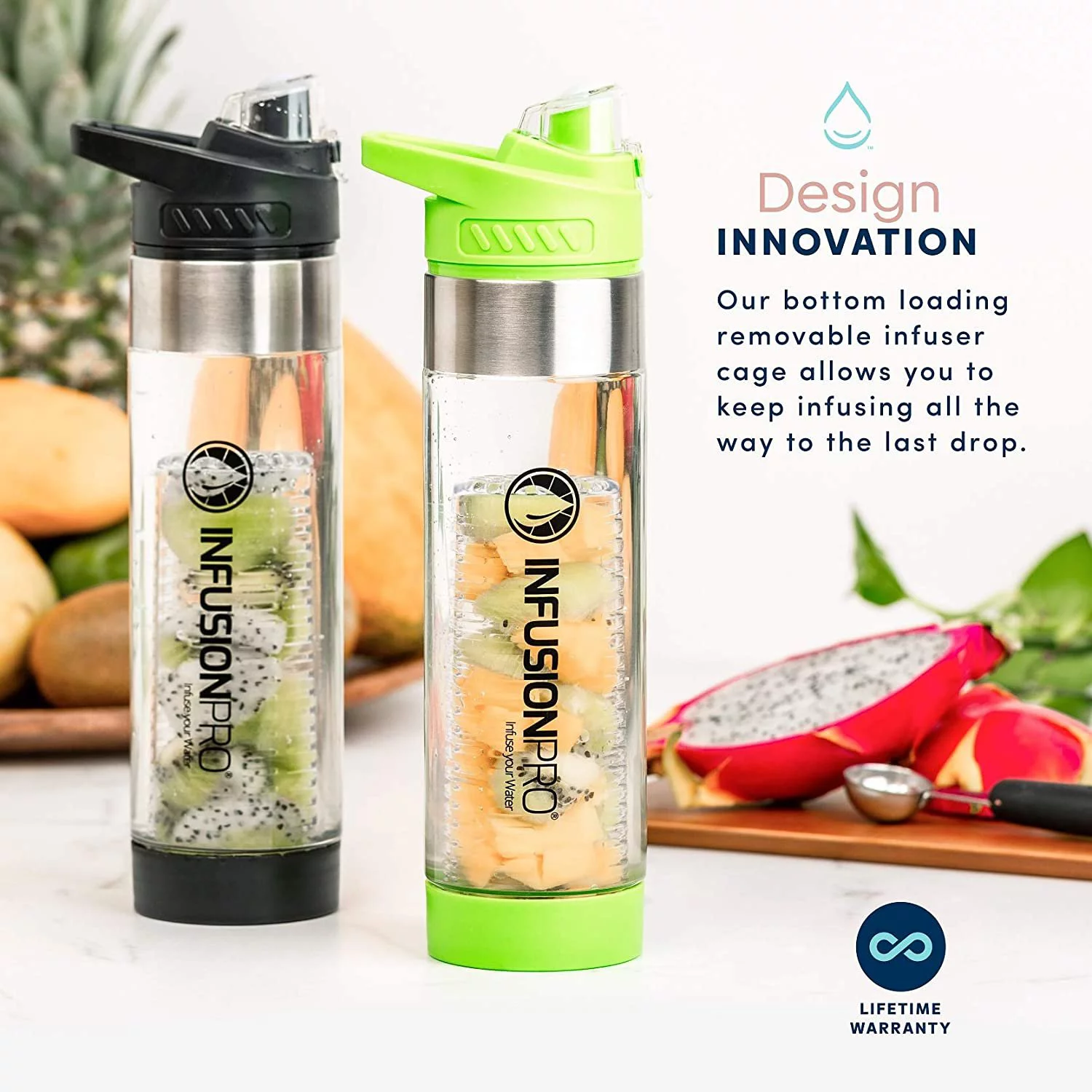 Infusion Pro 24 oz Fruit Infuser Water Bottle with Flavor Infuser - Insulated Sleeve & Fruit Infused Water eBook : Bottom Loading, Large Water Infuser for More Flavor : Flip Top with Large Spout...