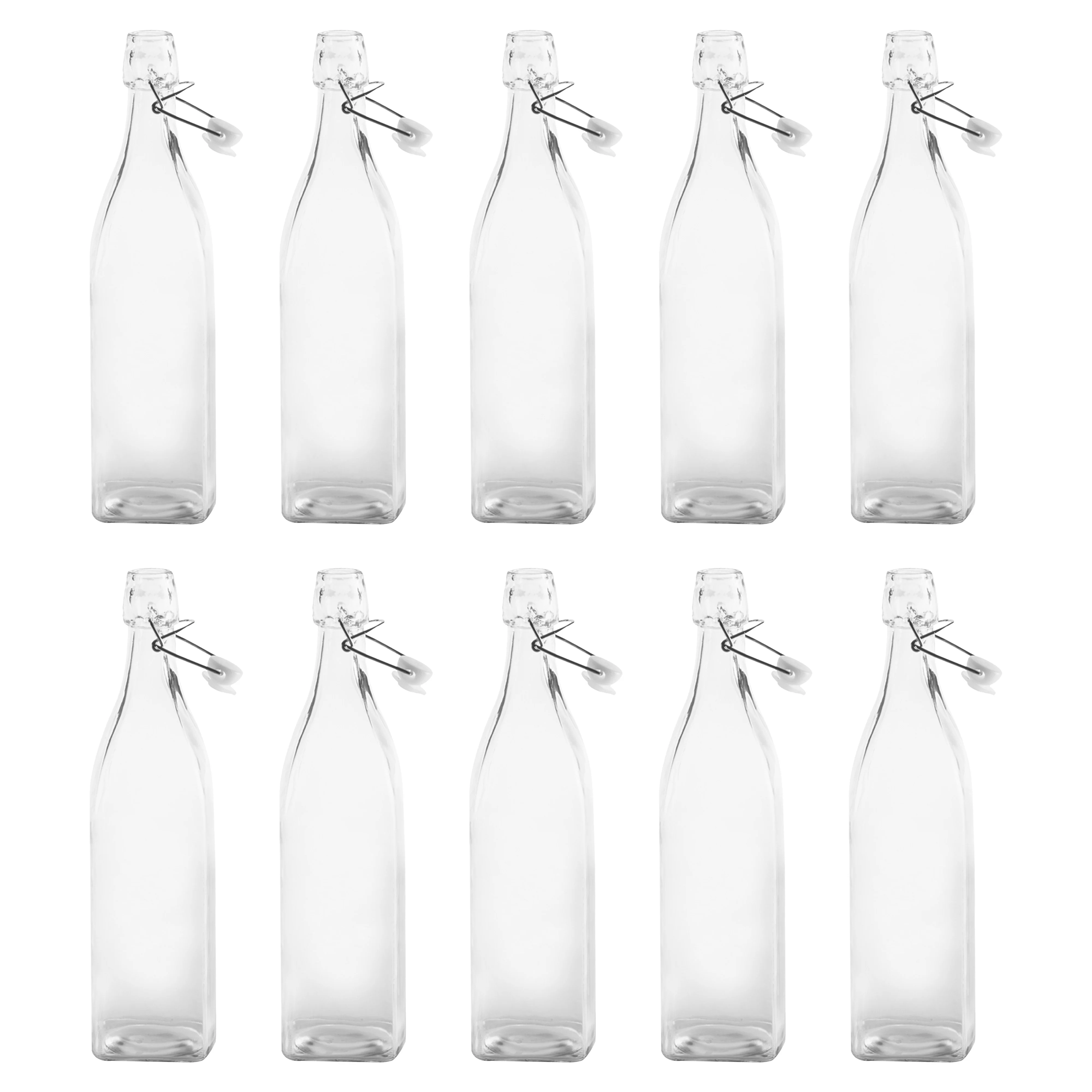 Square Glass Water Carafe Bottles with Wire Lids 14 oz. Set of 10, Bulk Pack - Perfect for Juices, Smoothies, Milk, Condiments - Clear