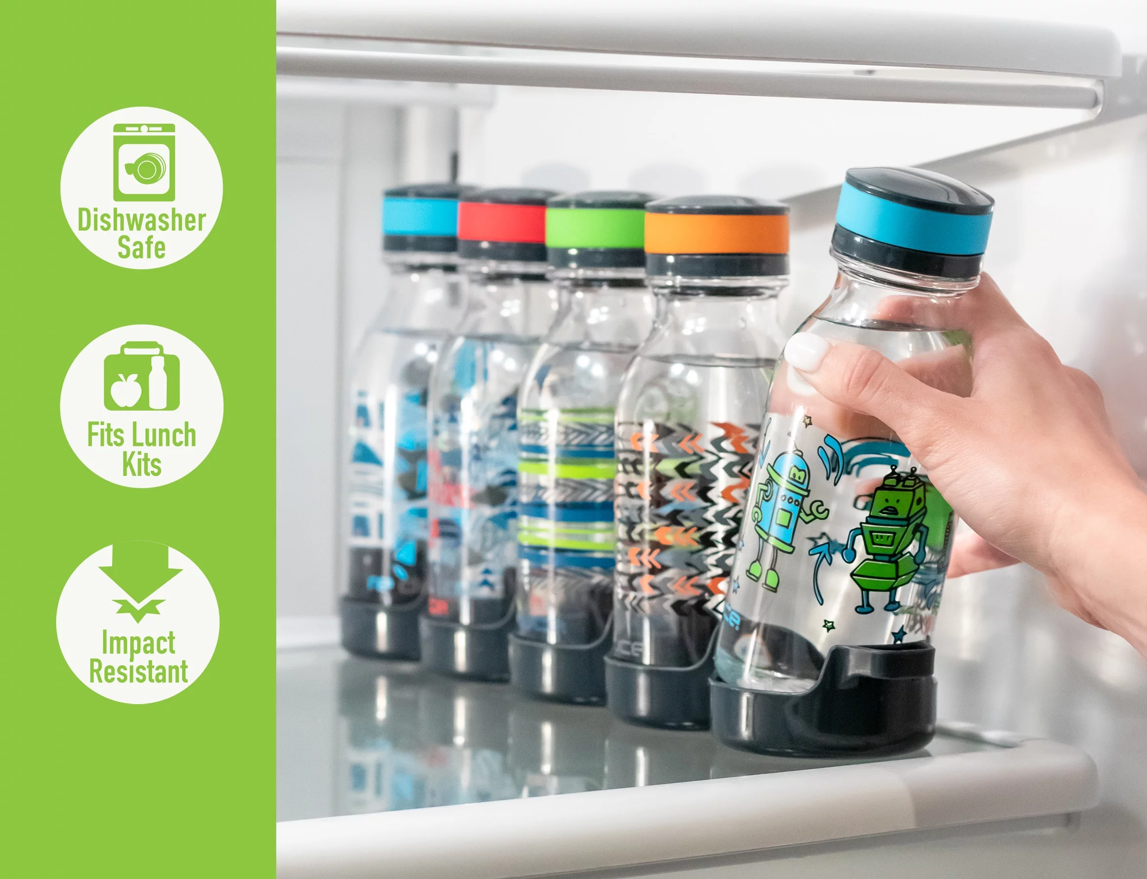 Reduce WaterWeek Reusable Water Bottle Set, 20oz – Plastic Reusable Water Bottle Set of 5, Plus Fridge Tray – BPA-Free, Leak Proof Twist Off Cap – Score