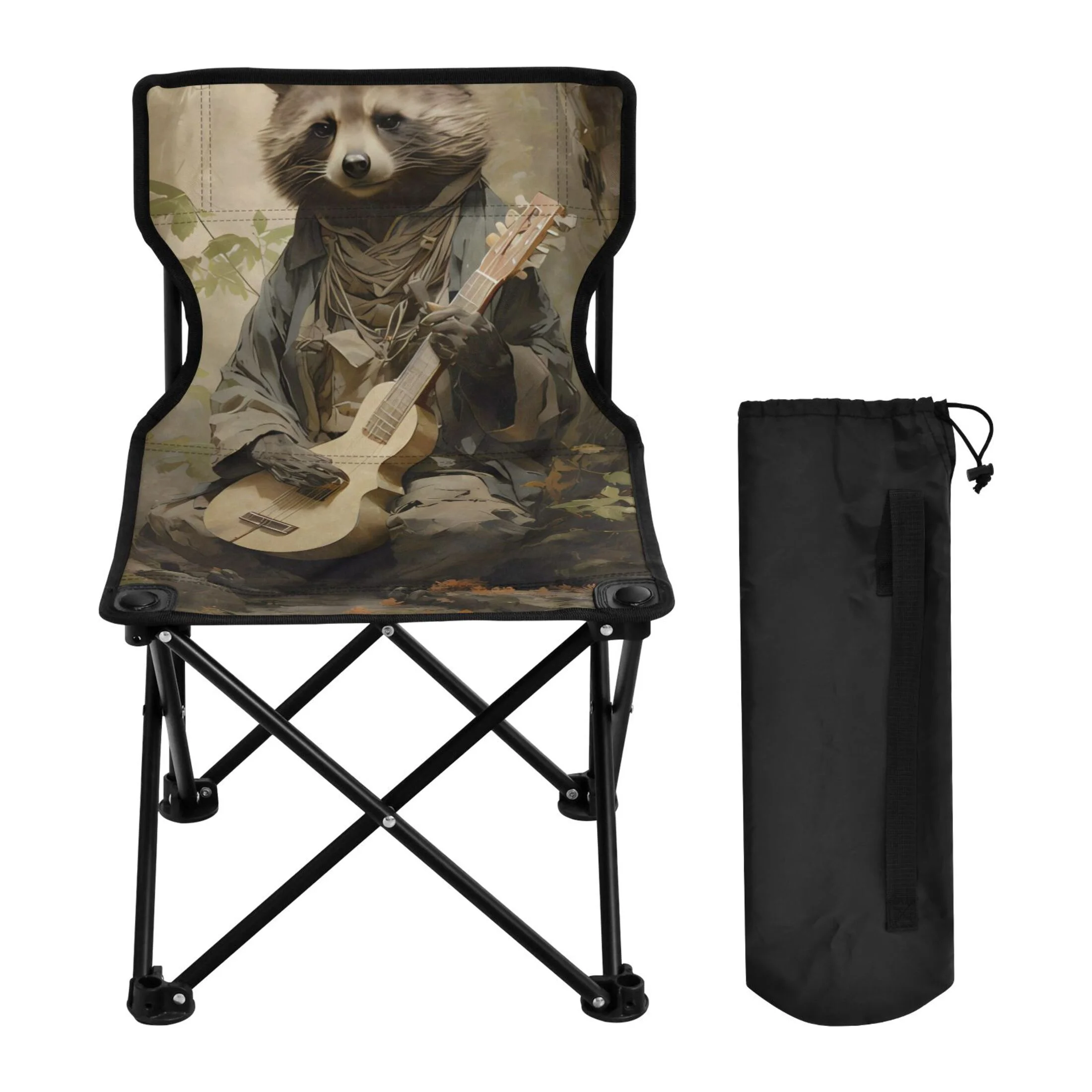 Bear with Guitar Portable Camping Chair Outdoor Folding Beach Chair Fishing Chair Lawn Chair with Carry Bag Support to 220LBS