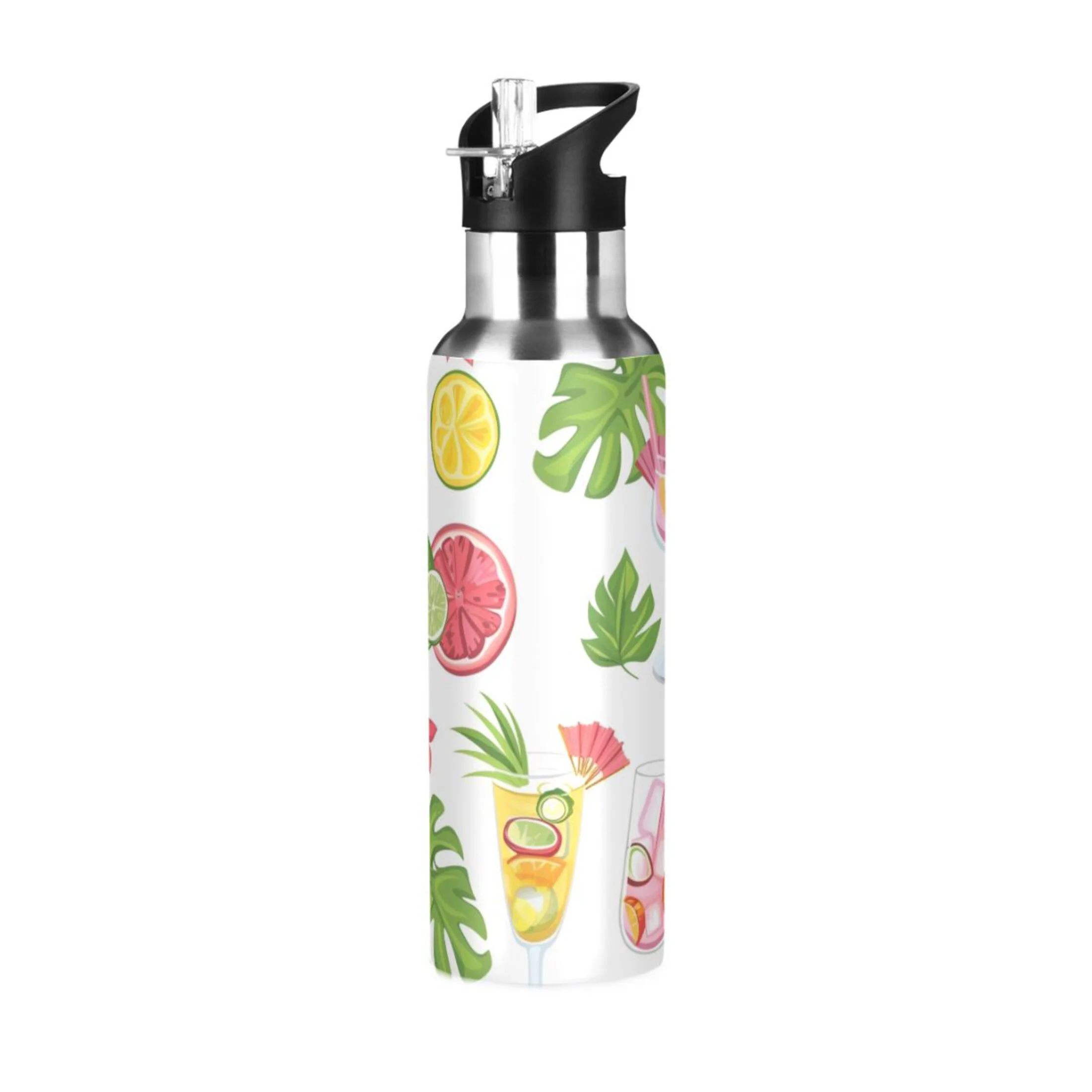 Palm Leaves and Juice Water Bottles Insulated Thermos Kids Stainless Steel Bottle with Straw Lid Flask Leakproof for Sports Gym 20 oz