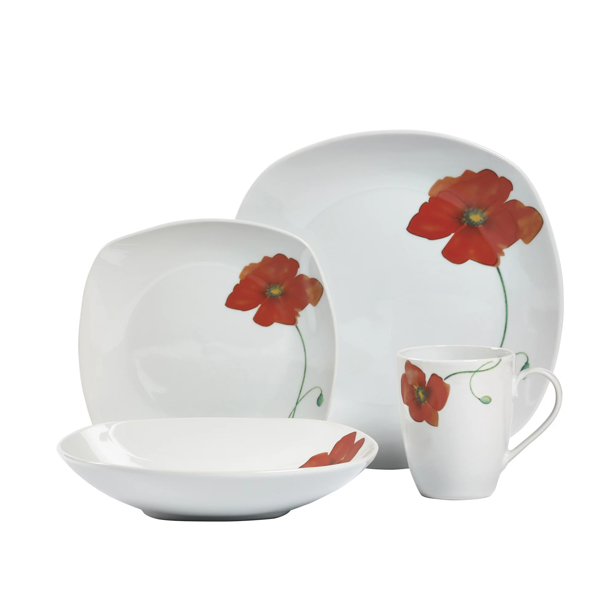 Tabletops Gallery Poppy Square 16 Piece Dinnerware Set, Floral Pattern