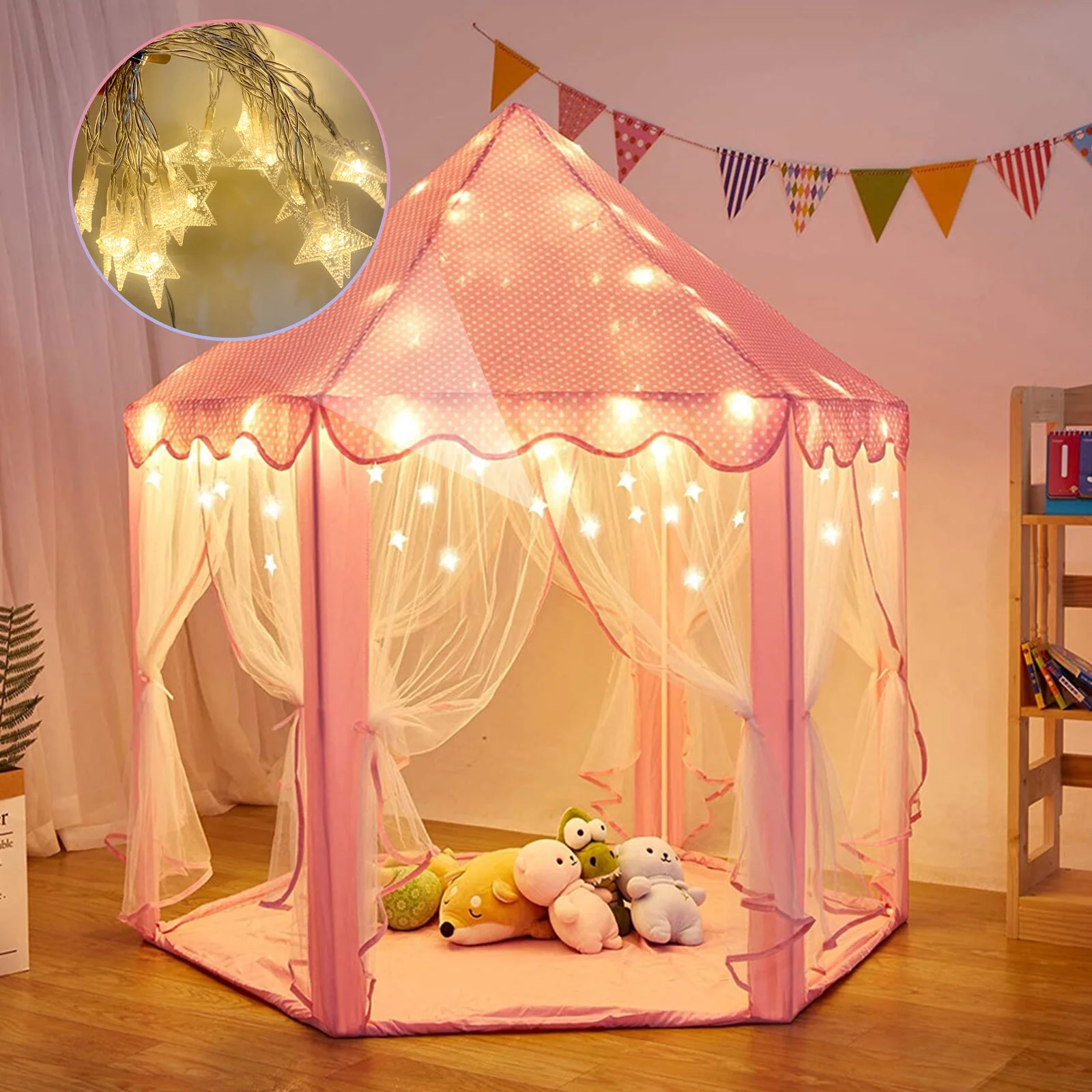 Welan Princess Tent, Girls Castle Playhouse with String Lights Indoor & Outdoor Kids Play Tent Child Toy Gift(55