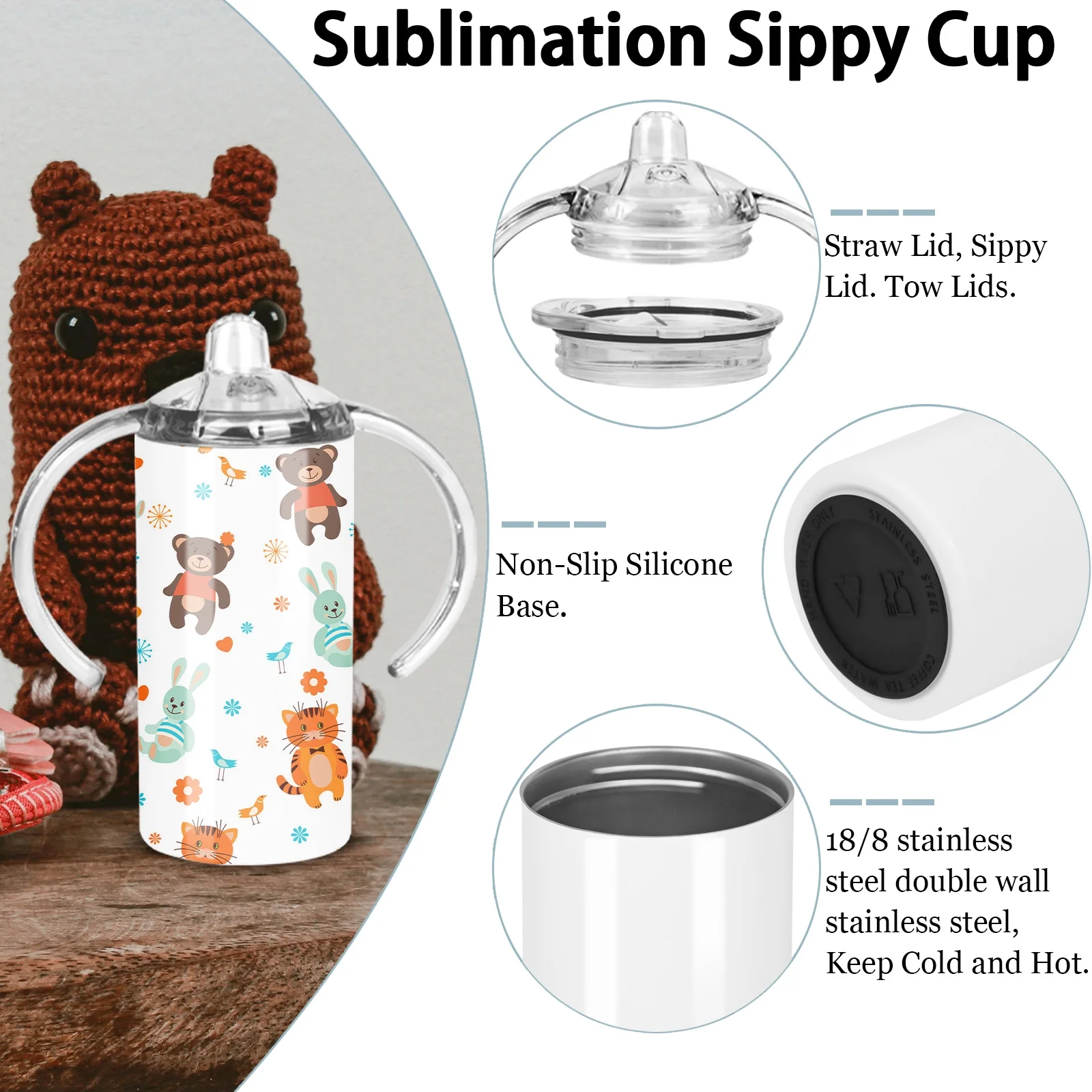 12 Oz Sublimation Sippy Cup Tumblers Blank With Handles, Stainless Steel Insulated Sublimation Kids Cup Bulk, Sublimation Toddler Water Bottle, Individually Boxed (6 Pack)