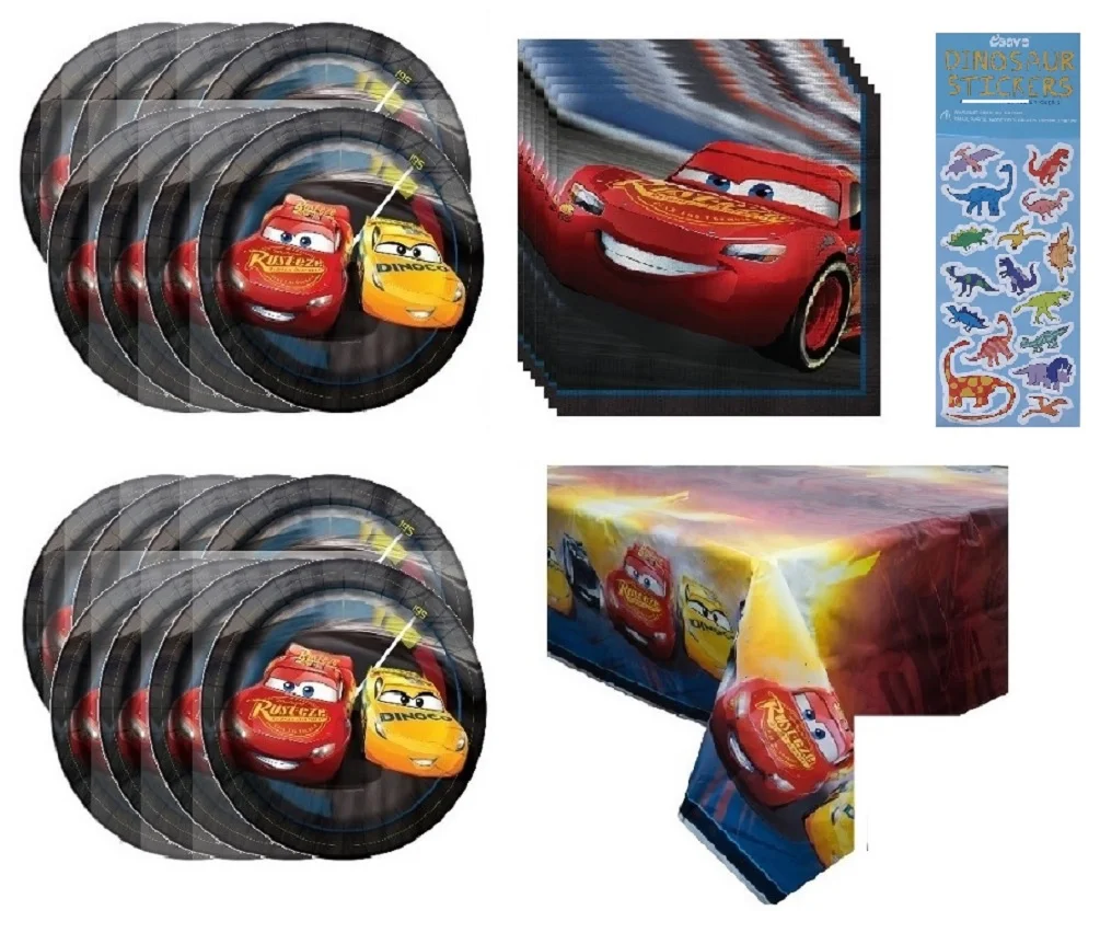 Disney Cars Birthday Party Supplies Bundle includes 16 Dessert Cake Paper Plates, 16 Beverage Cake Paper Napkins, 1 Plastic Table Cover, 1 Dinosaur Sticker Sheet