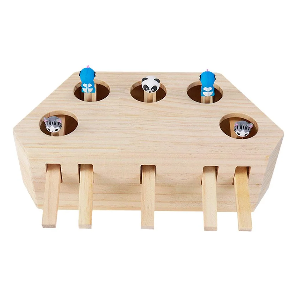 Wooden Cat Toy Box, Kitten Toy Puzzle Box with Cartoon Animal, Cat Toys - 5 Holes