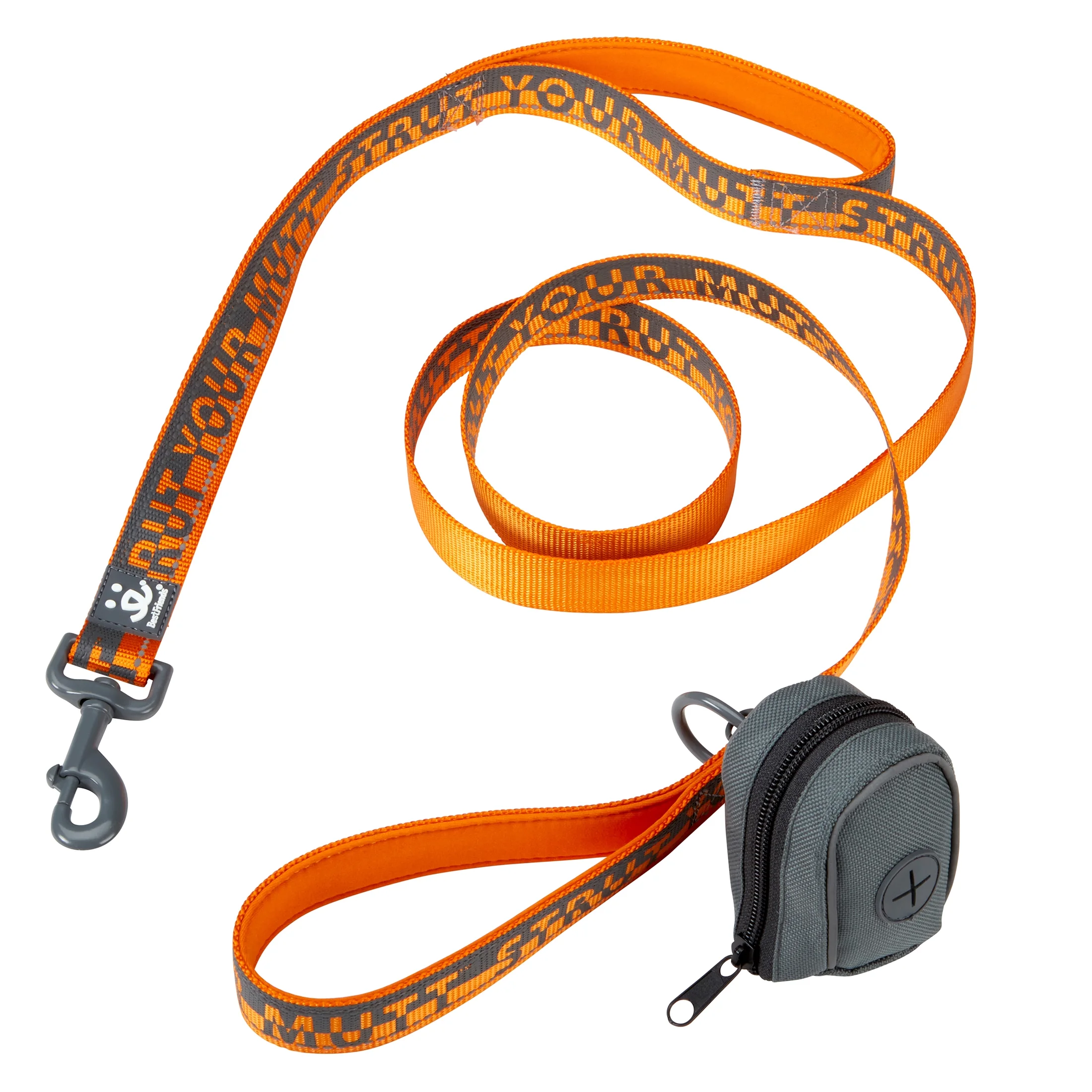 Best Friends Dual Handle Comfort Dog Leash & Waste Bag Dispenser,Orange&Gray