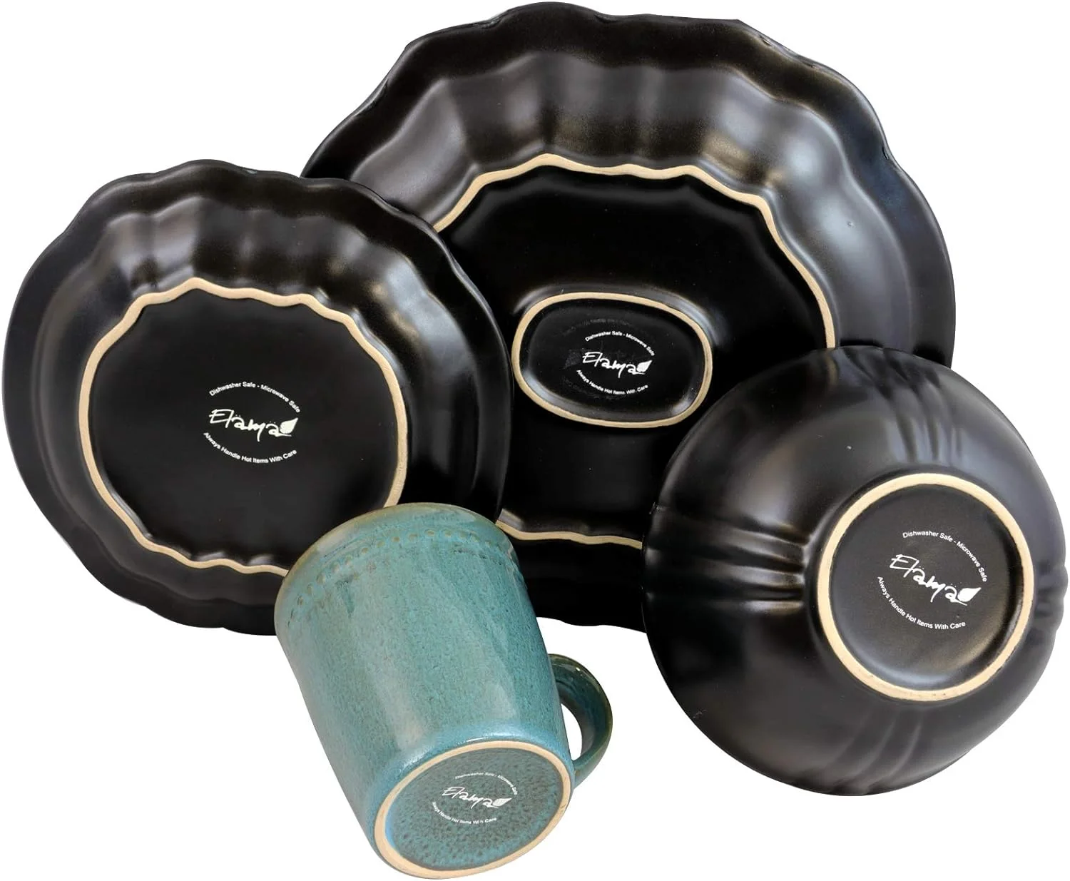 Stoneware Round Oval Dinnerware Dish Set, Ocean Blue