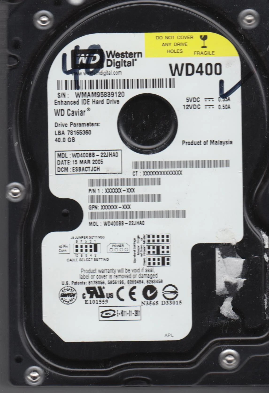 WD400BB-22JHA0, DCM ESBACTJCH, Western Digital 40GB IDE 3.5 Hard Drive
