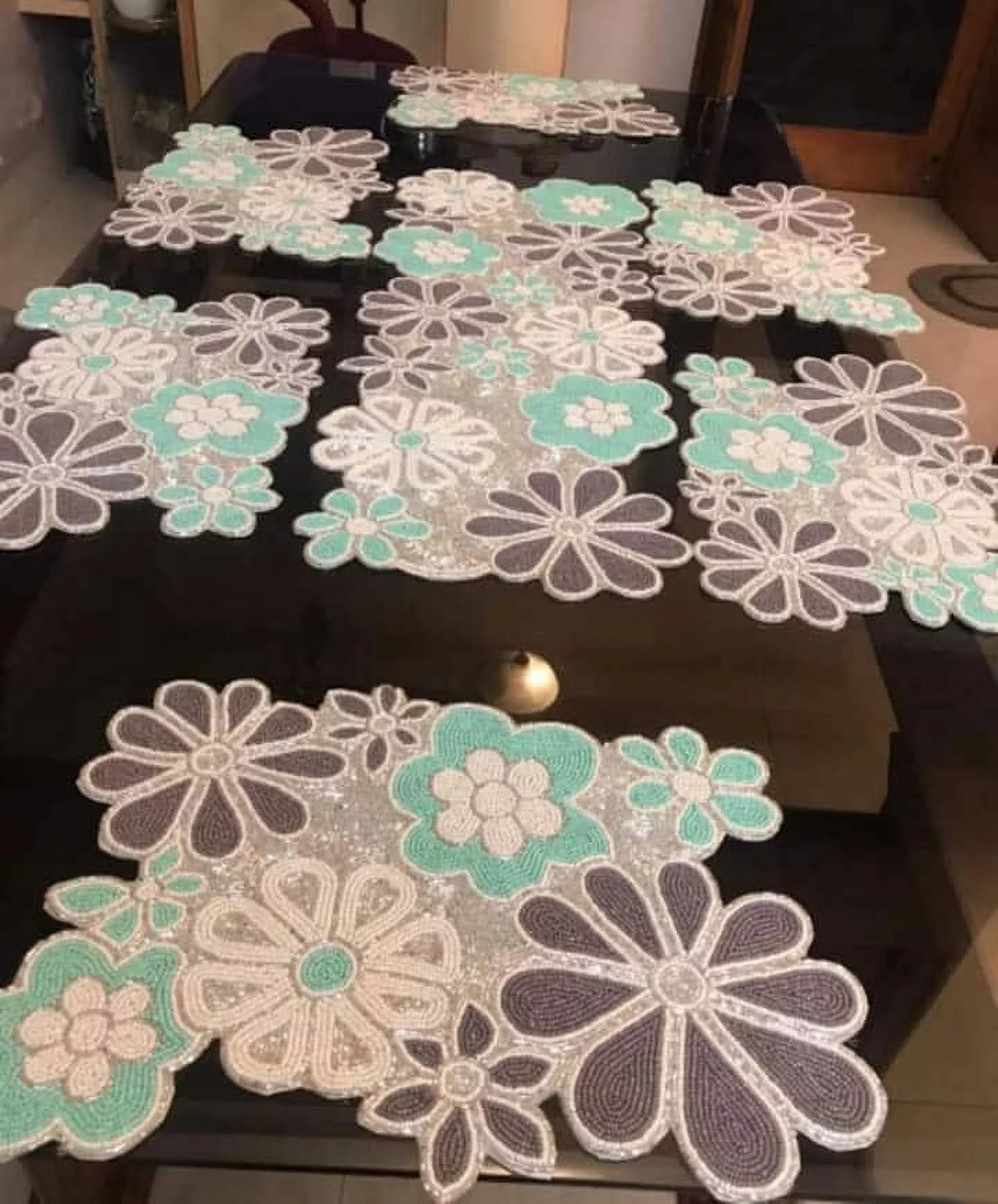 Handmade Table Runner And Placemat Set With Coaster, Designer Beaded Floral Dining Set, Summer Tableware