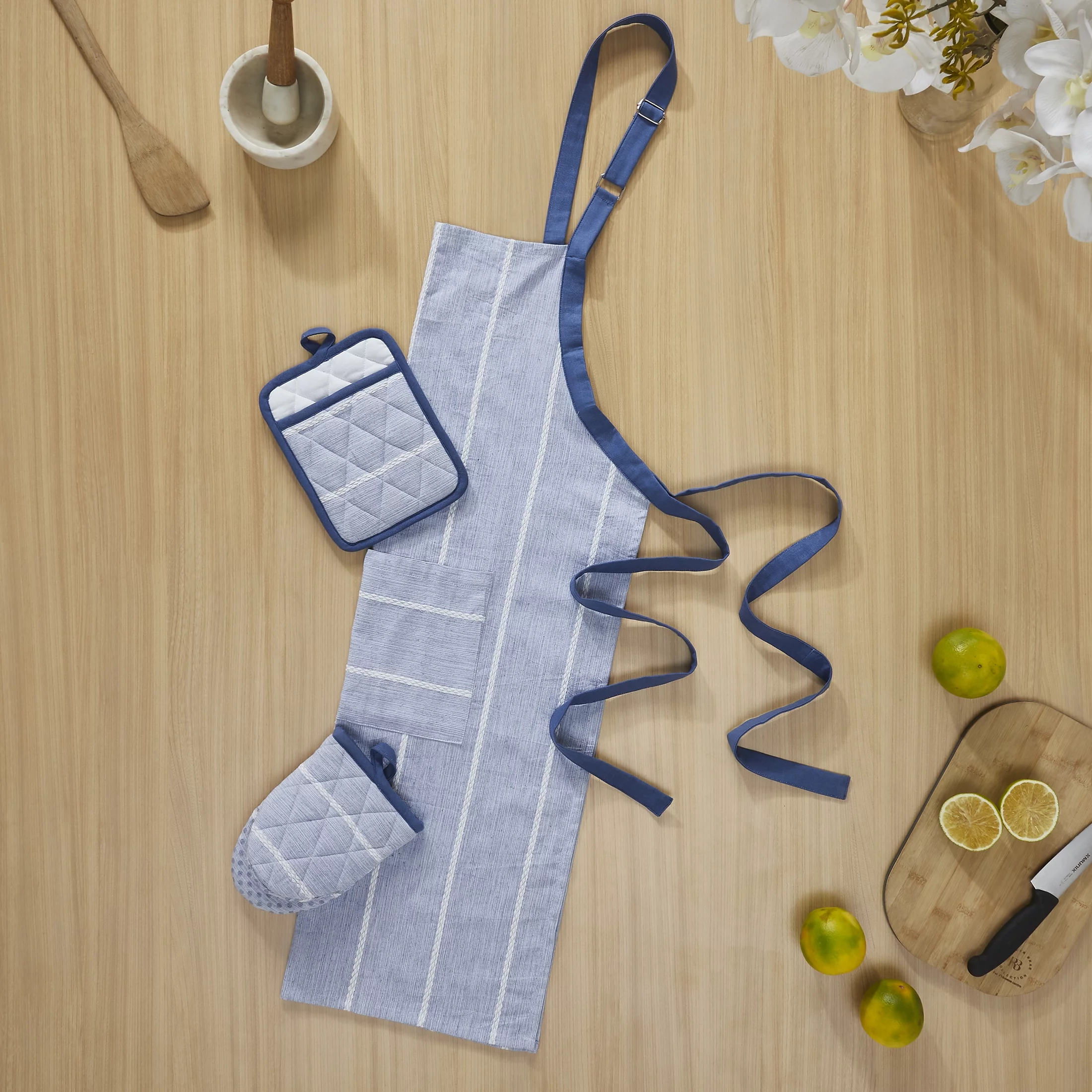 My Texas House Sutton Pick Stitch 3-Piece Kitchen Set, Blue/Gray