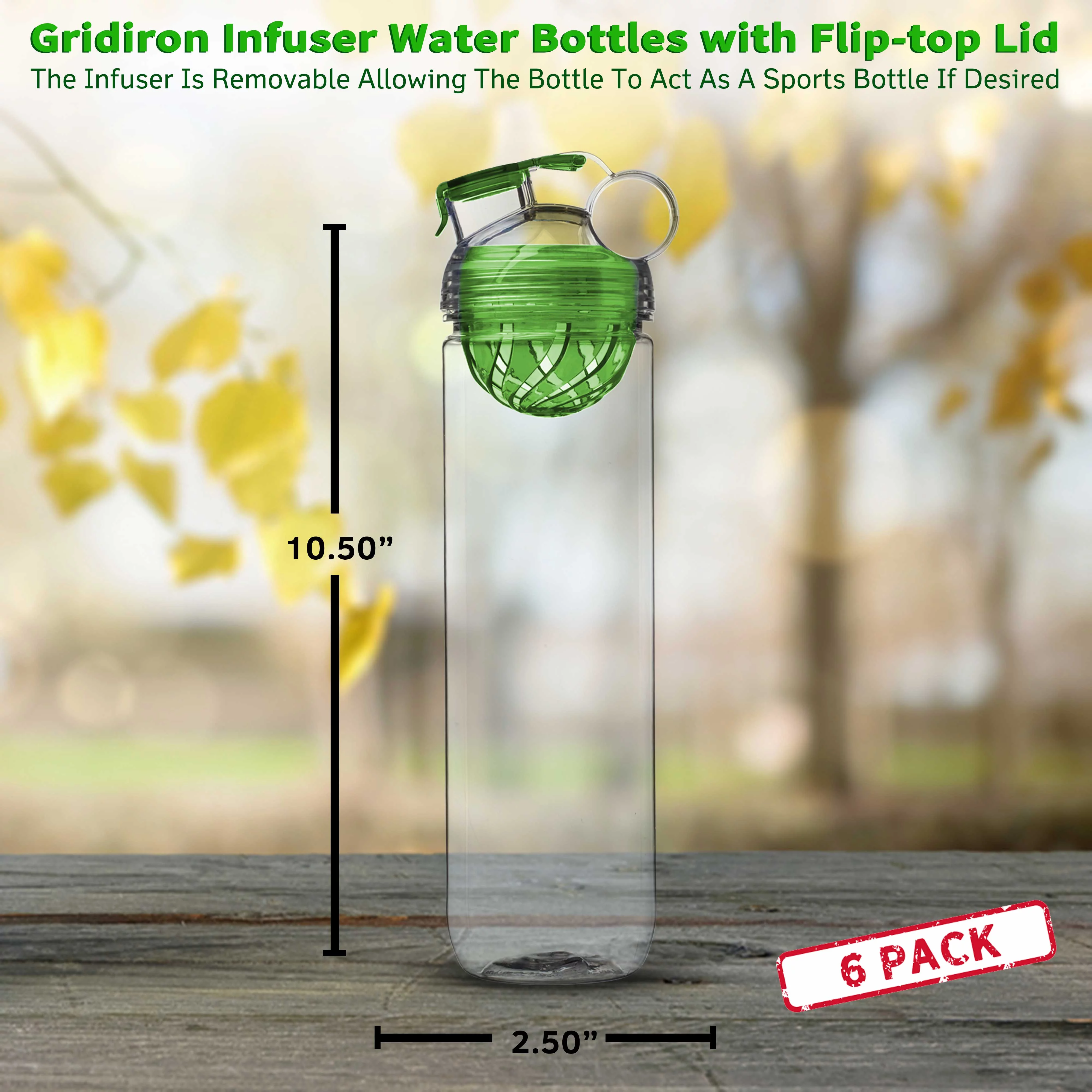 6 Gridiron Infuser Water Bottles Set, 27 oz. - Screw On, Flip-Top Lid, Spill-Resistant, BPA-Free - Lime Green