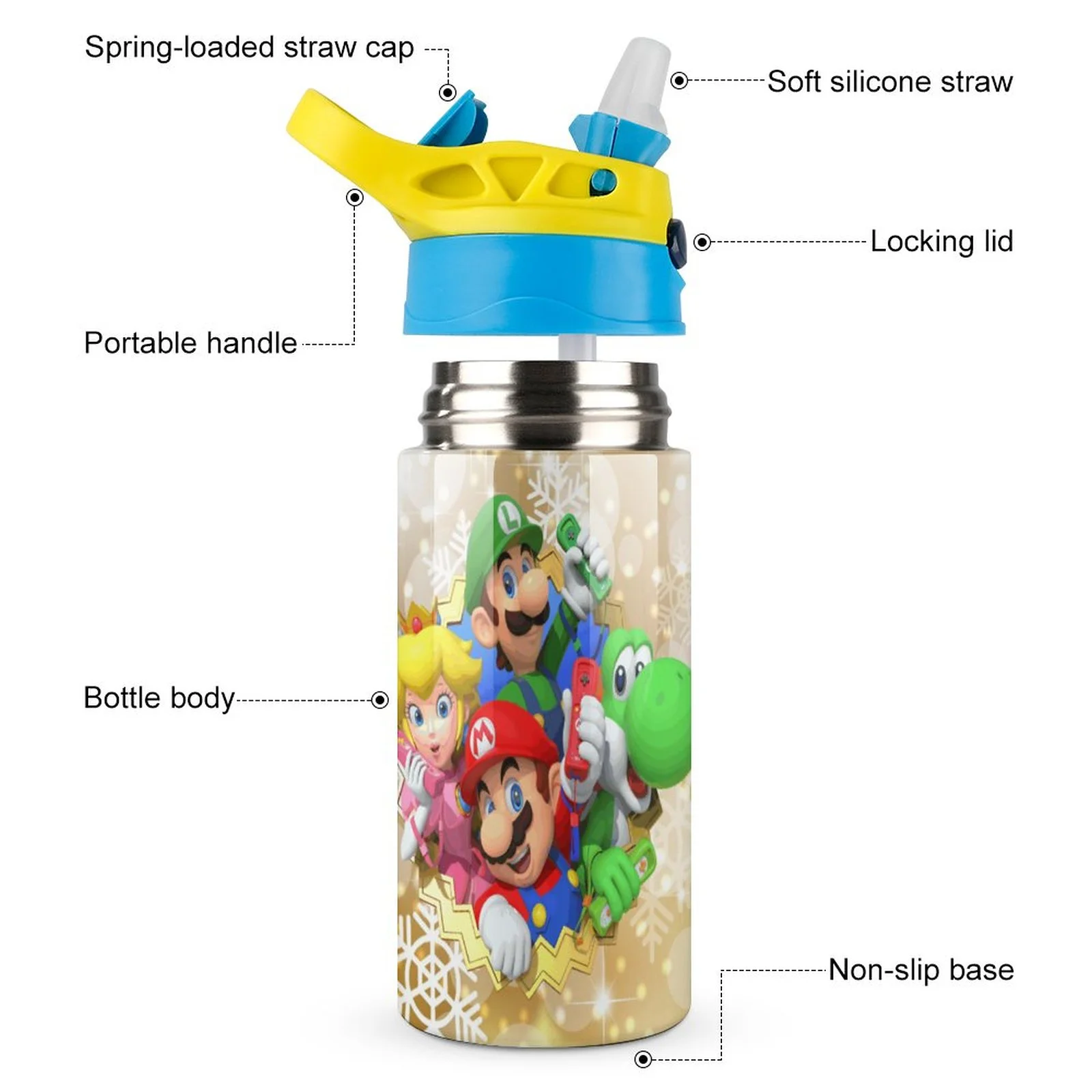 Super Mario Bros Kid's Insulated Water Bottle With Straw Vacuum Stainless Steel Cup Leak-Proof Children Toddler Thermoses