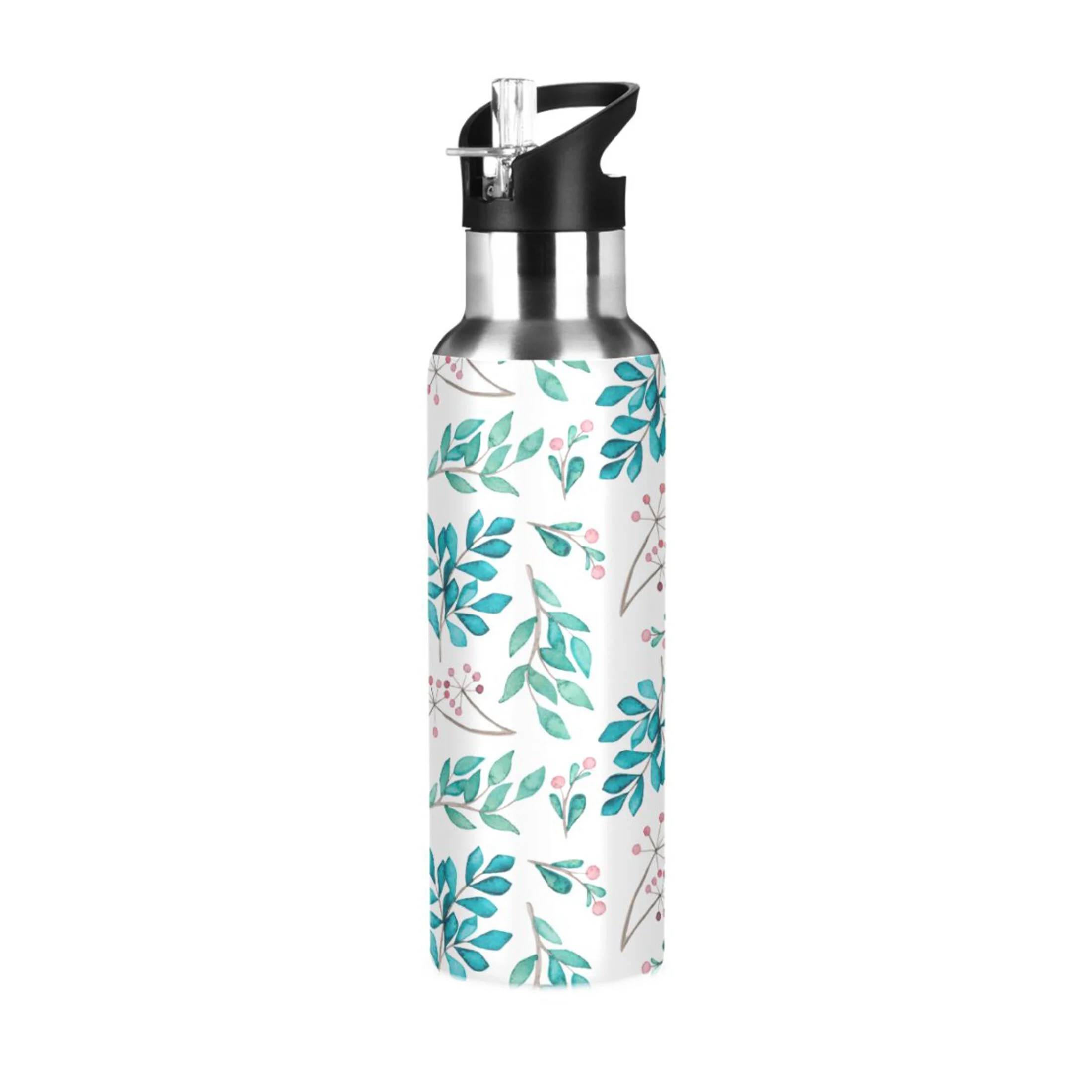 Water Bottle with Straw Lid Leak Cherry Floral Leaves Stainless Steel Insulated Thermos Vacuum Flask for Cold Hot Drinking for Sports Camping Gym Yoga