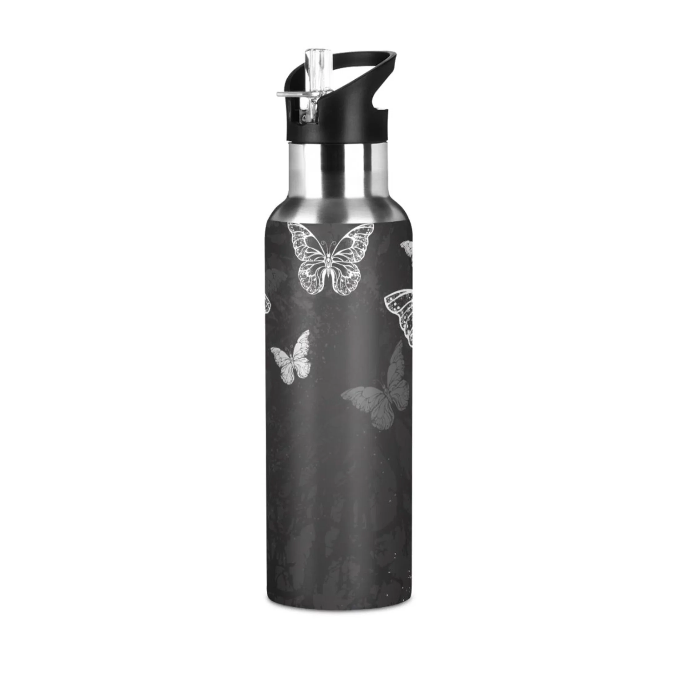 Butterflies on Black Water Bottles Insulated Thermos Kids Stainless Steel Bottle with Straw Lid Flask Leakproof for Sports Gym 20 oz