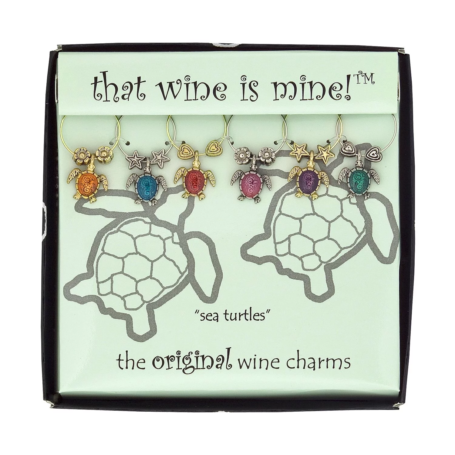 Wine Things 6-Piece Wine Charms/Wine Glass Tags/Drink Markers for Stem Glasses, Wine Tasting Party (Sea Turtles)