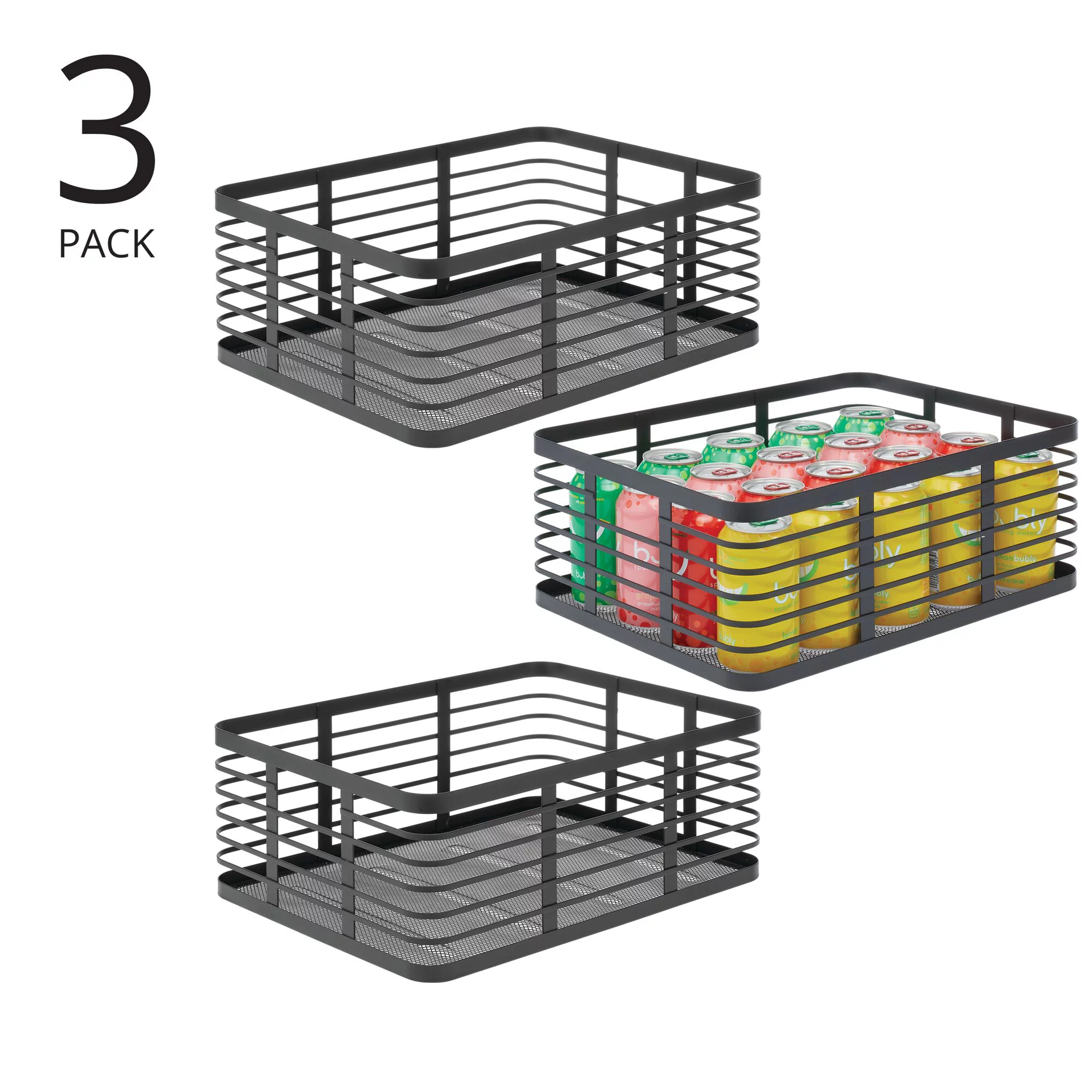 mDesign Large Steel Metal Kitchen Organizer Basket, Handles, 3 Pack, Matte Black