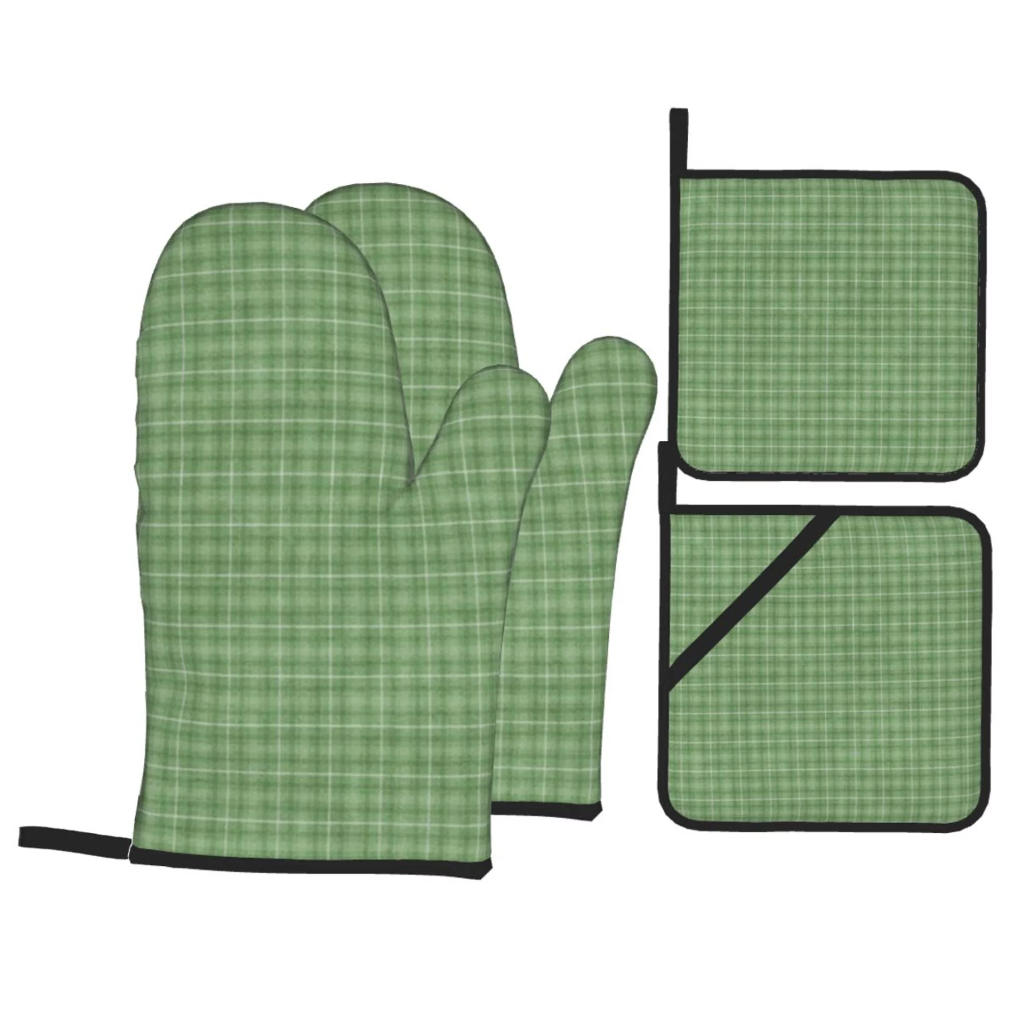 YFYANG Oven Mitts and Pot Holders Sets 4 Pieces, Non-Slip Heat Resistant Green Plaid Stripes Kitchen Glove Pot Mat for Cooking and Baking