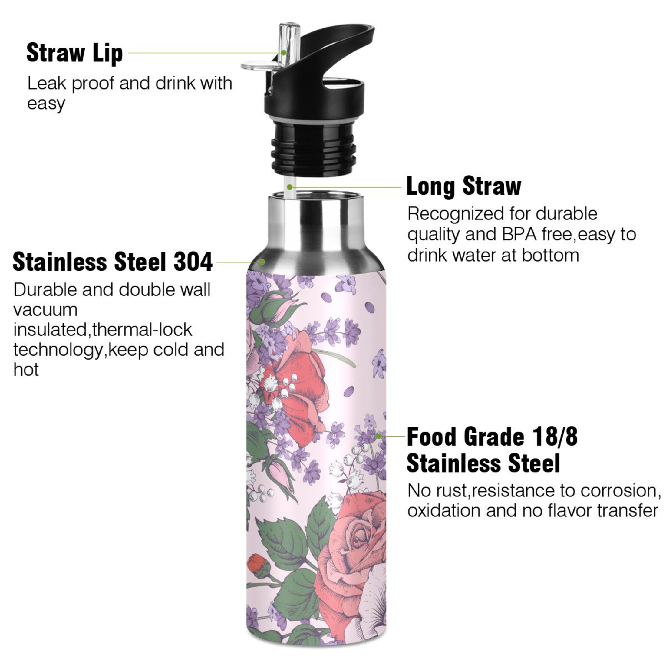 Water Bottle with Straw Lid Leak Rose Flowers and Lavender on Pink Stainless Steel Insulated Thermos Vacuum Flask for Cold Hot Drinking for Sports Camping Gym Yoga