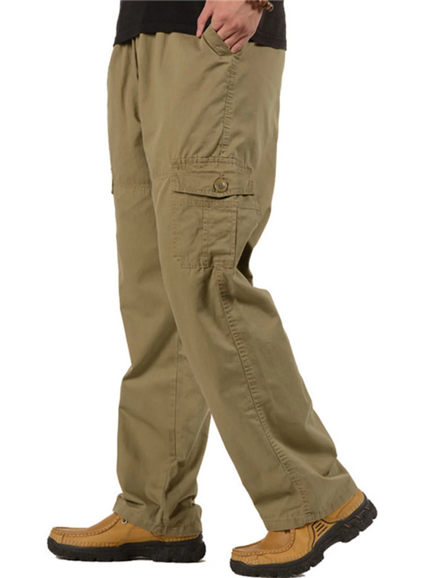 Awoscut Mens Loose Cargo Pants Casual Elastic Waist Solid Color Straight Leg Work Pants