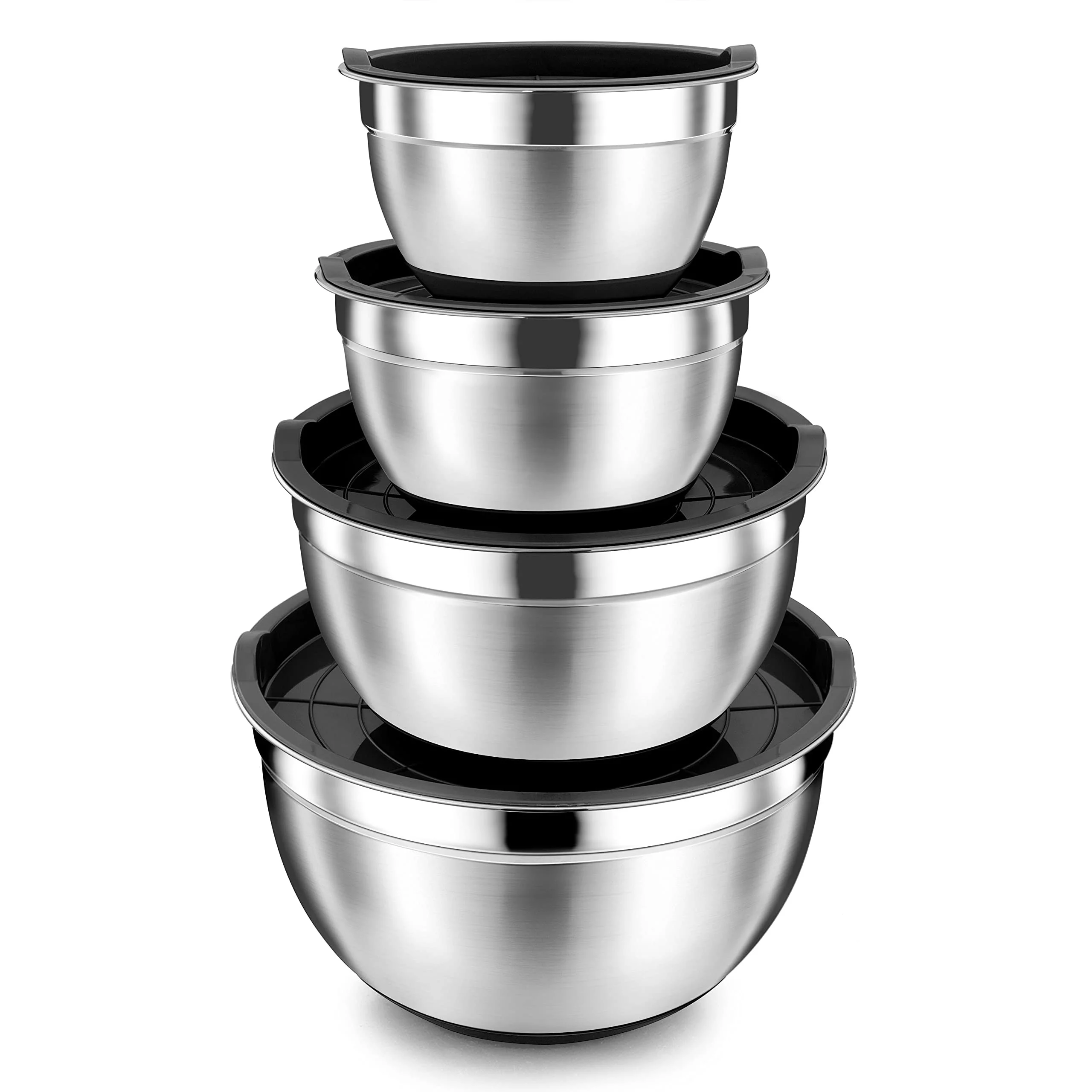 Coliware Mixing Bowls with Airtight Lids Set of 4, Stainless Steel Large Nesting Metal Bowls with Fitting Lids and Non-Slip Silicone Bottom, 7, 3.5, 1.5, 1QT - Black