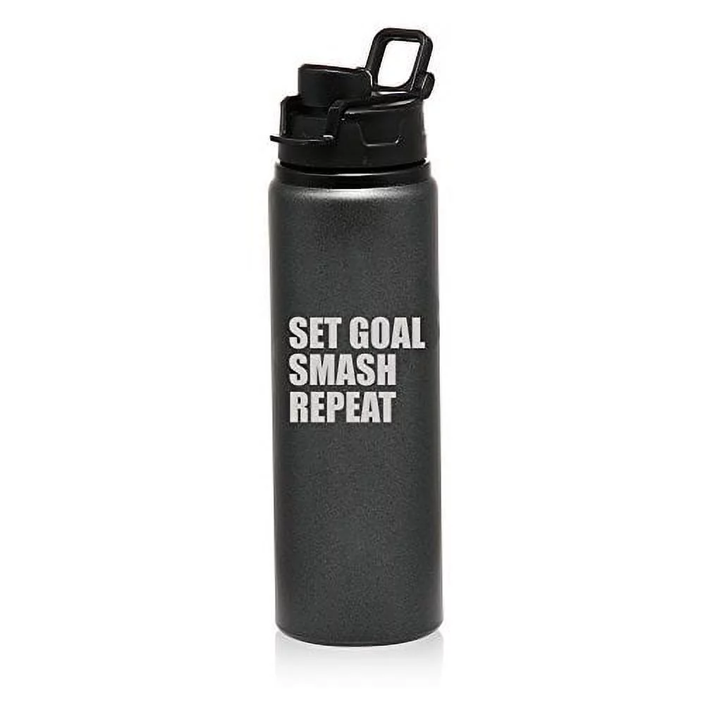 25 oz Aluminum Sports Water Travel Bottle Set Goal Smash Repeat Motivational Graduation (Charcoal)