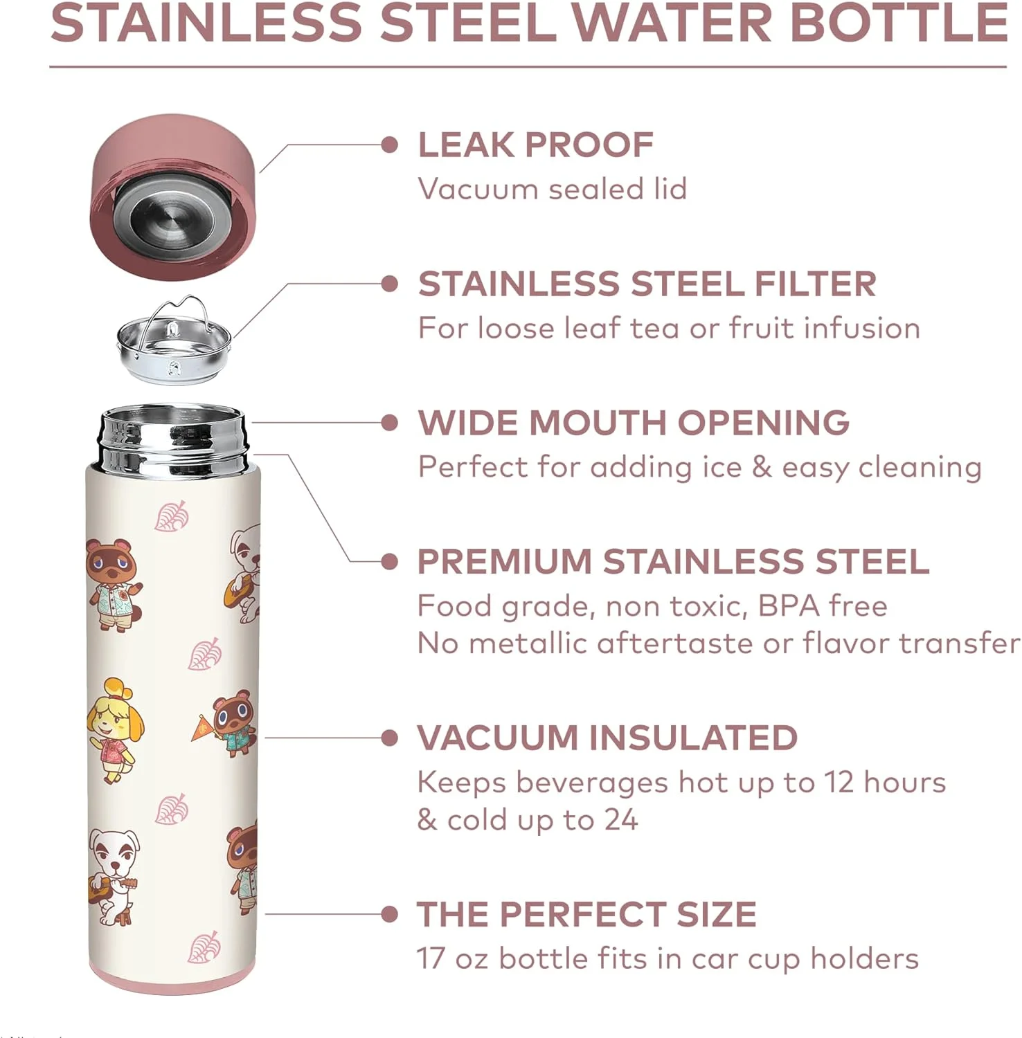 Animal Crossing 17Oz, Insulated, Stainless Steel, Leak Proof, Water Bottle (Island Idols)