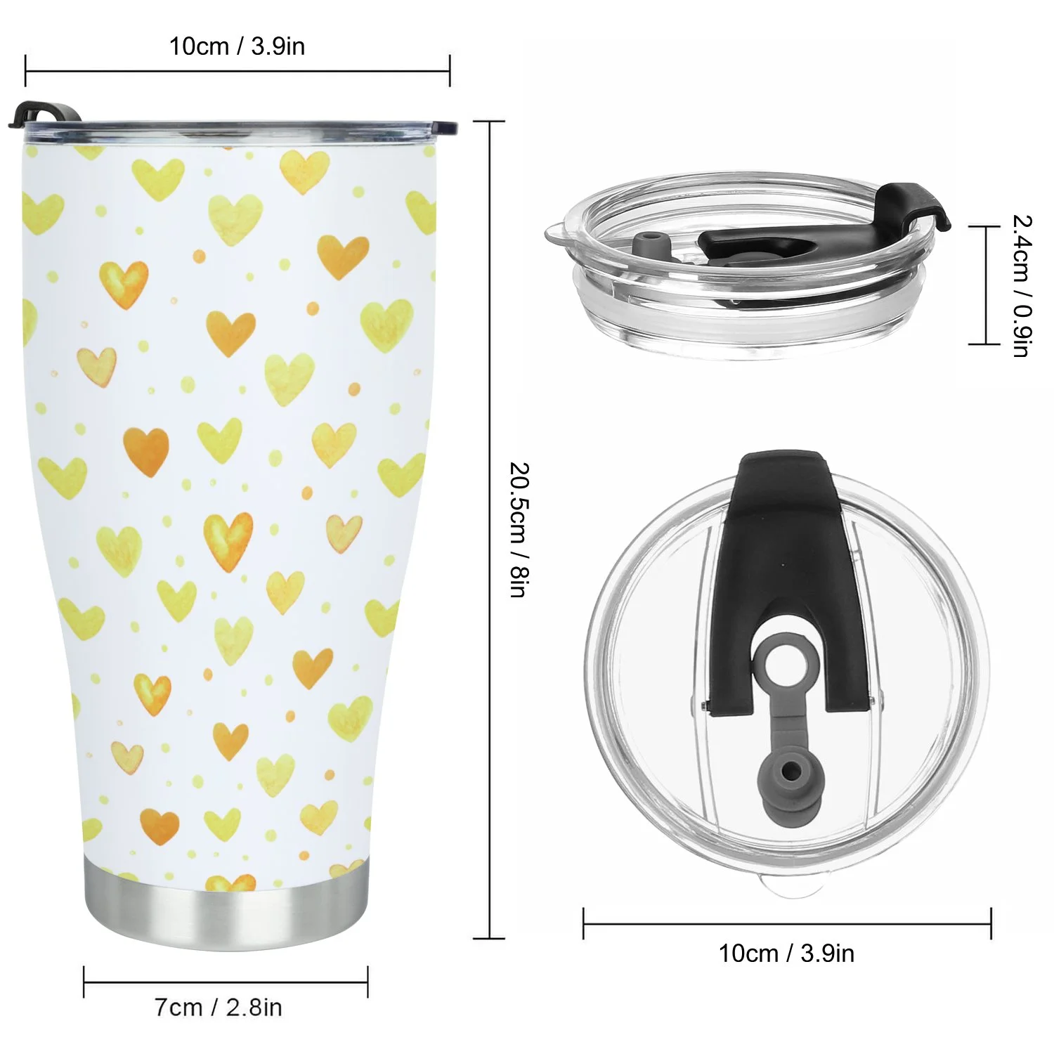 Hidove Stainless Steel Tumbler, Seamless Pattern with Yellow Hearts 30oz Leak Proof & Stainless Steel Bottle for Hot & Cold Drinks - Coffee Travel Mug, Water Metal Canteen, Thermal Cup