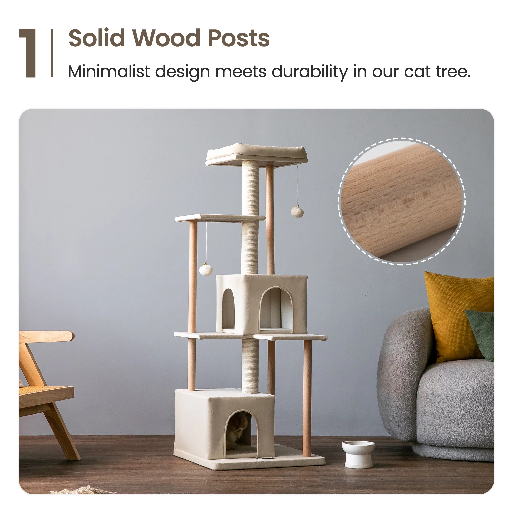 MWPO Modern Cat Tree Multi-Level Wood Cat Tower with 2 Condos and Perch, Beige