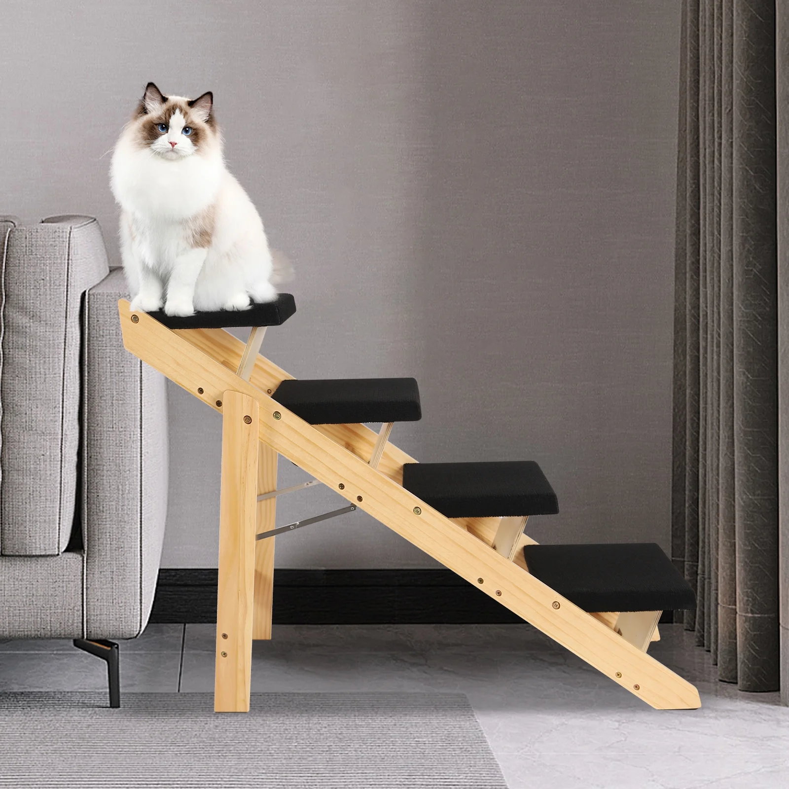Oukaning Pet Stairs 2-in-1 Dog Ramp Cat Dog Stairs Foldable Pine Wood Natural + Black