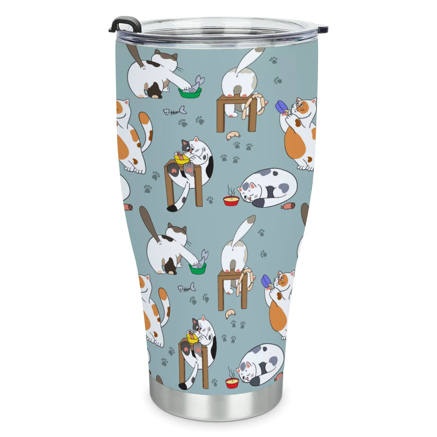 Hidove Stainless Steel Tumbler, Seamless Pattern with Cats and Food 30oz Leak Proof & Stainless Steel Bottle for Hot & Cold Drinks - Coffee Travel Mug, Water Metal Canteen, Thermal Cup