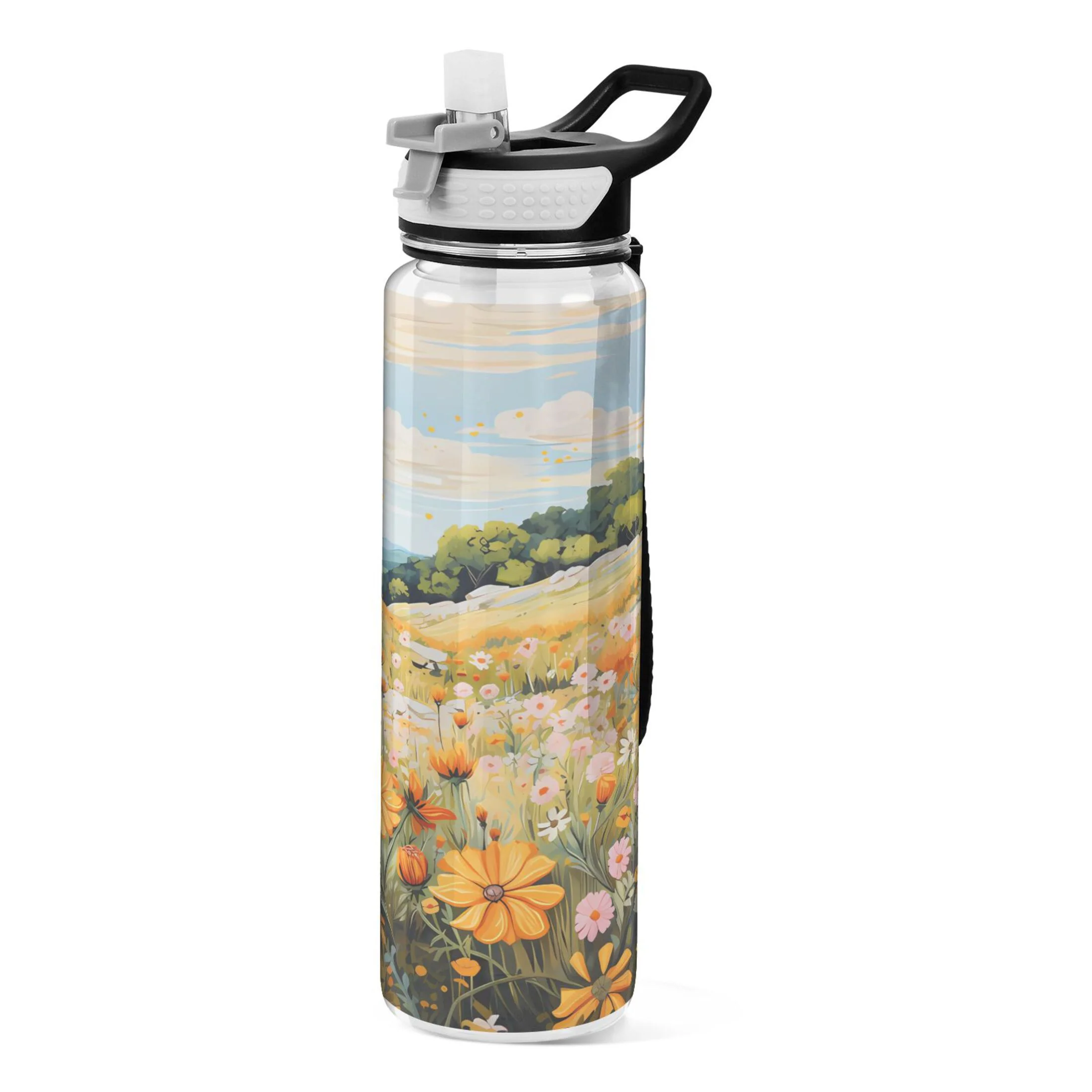 Wild Flower View 32oz Sports Water Bottles Leakproof Tritan Bottle with Straw BPA Free Clear Bottle for Fitness Gym Outdoor Cycling