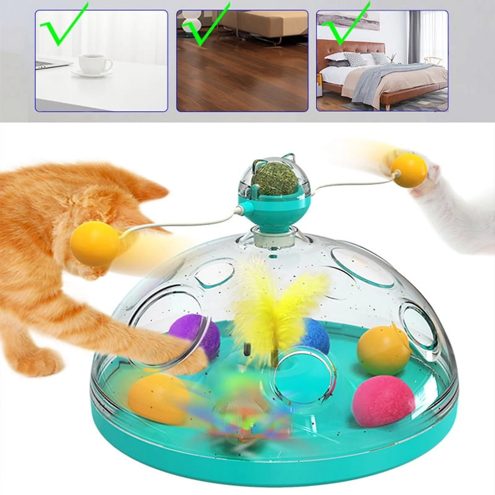 Fun and Interactive Multifunctional Cat Turntable Toy with Feathers and Fur Balls