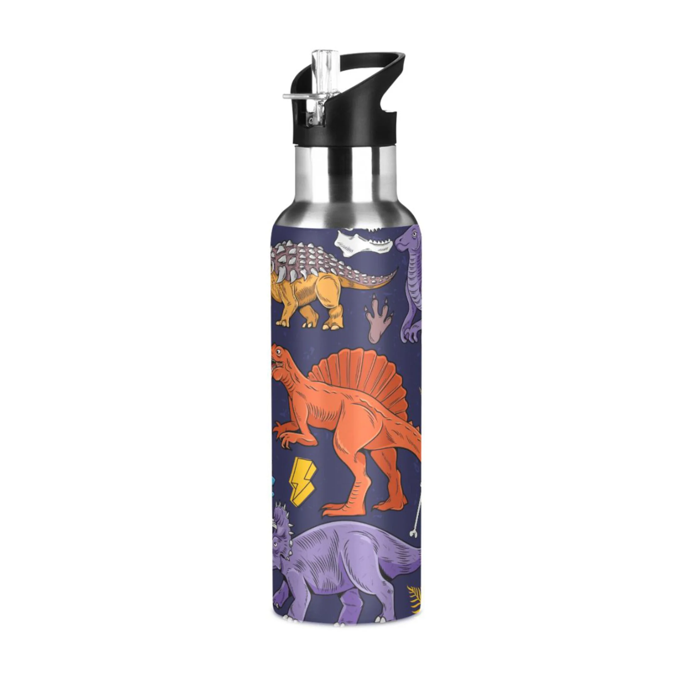 Water Bottle with Straw Lid Leak Cartoon Dinosaur Stainless Steel Insulated Thermos Vacuum Flask for Cold Hot Drinking for Sports Camping Gym Yoga