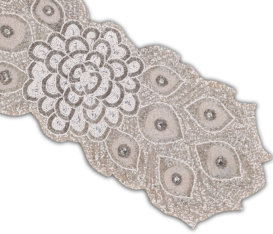 Handmade Beaded Table Runner, Peacock Feather Design Table Topper, Designer Tableware 13X36 Inch