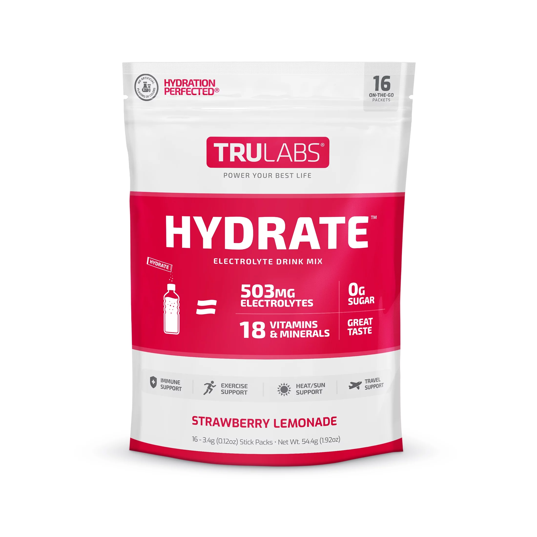 TruLabs Hydrate Strawberry Lemonade, Hydration Electrolyte Powdered Drink Mix, 16 Sticks