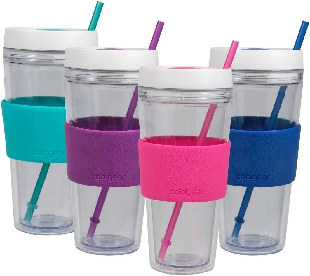 4 Pack 24 Oz Callisto Clear Chiller With Straw And Band | Dual Function Closure Colored Re-Usable Water Bottle - Teal/Purple//Blue
