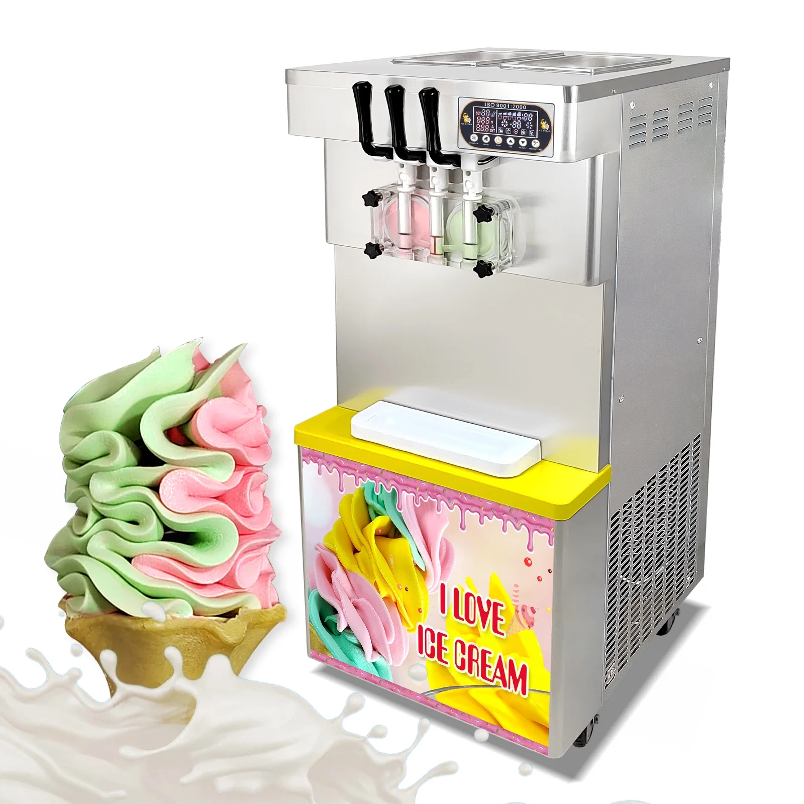 Kolice Commercial 3 Flavors Soft Serve Ice Cream Machine-Full Transparent Dispenser,Upper tanks Coolated