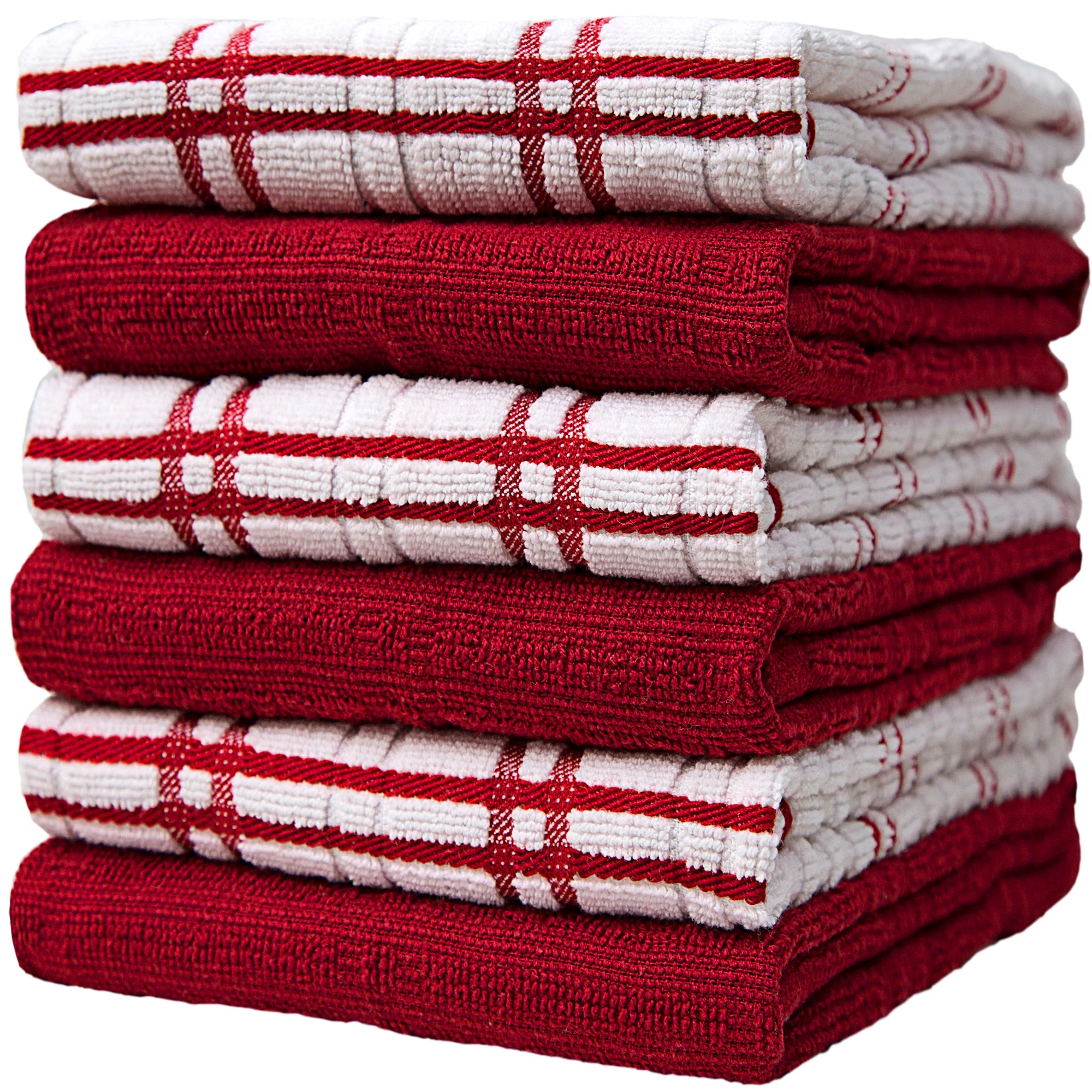 Premium Kitchen Towels (16x 26, 6 Pack)  Large Cotton Kitchen Hand Towels  Window Pane Design  400 GSM Highly Absorbent Tea Towels Set With Hanging Loop  Red