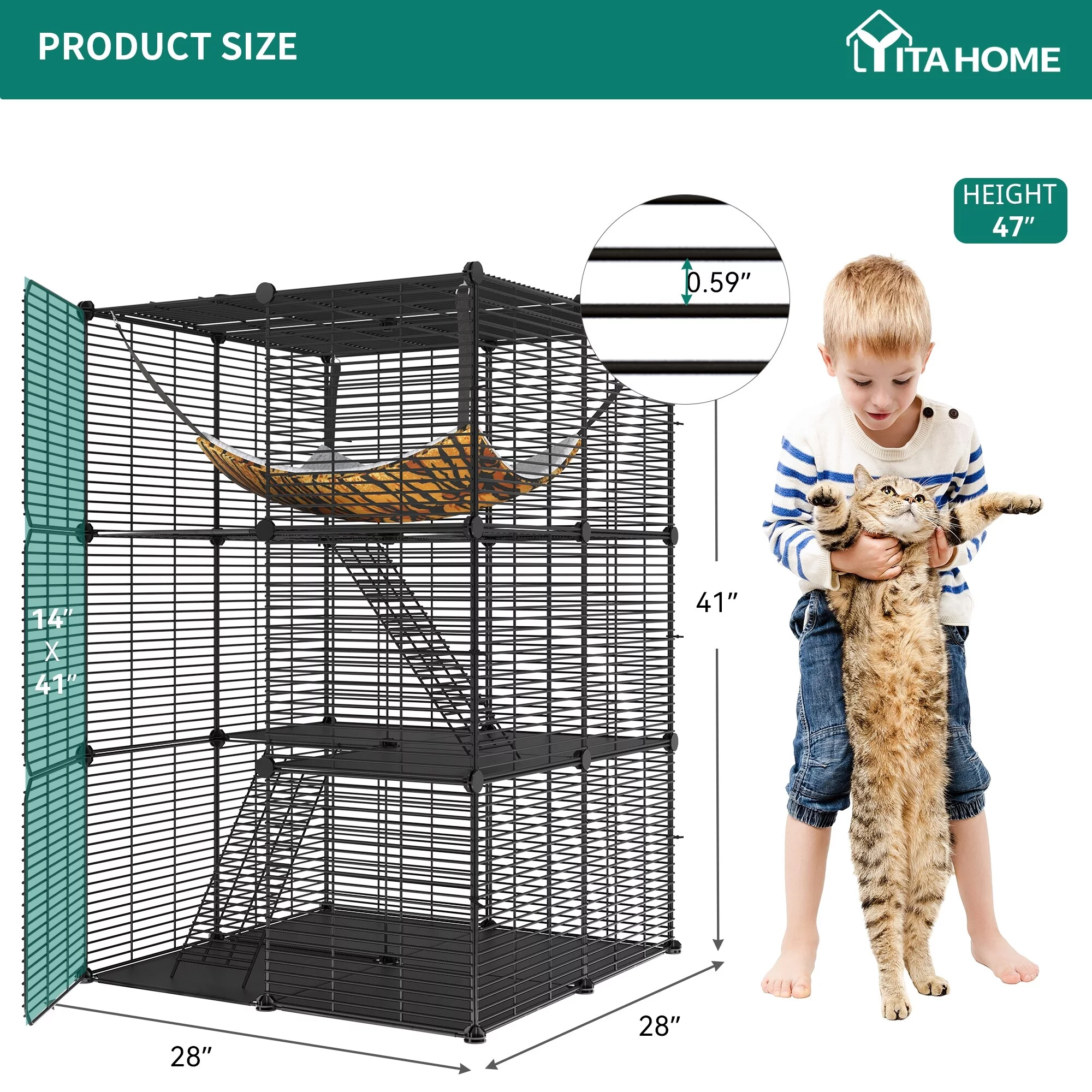 Cat Cage Indoor Cat Enclosures DIY Cat Playpen Metal Kennel with Extra Large Hammock for 1-2 Cats, Ferret, Small Animals