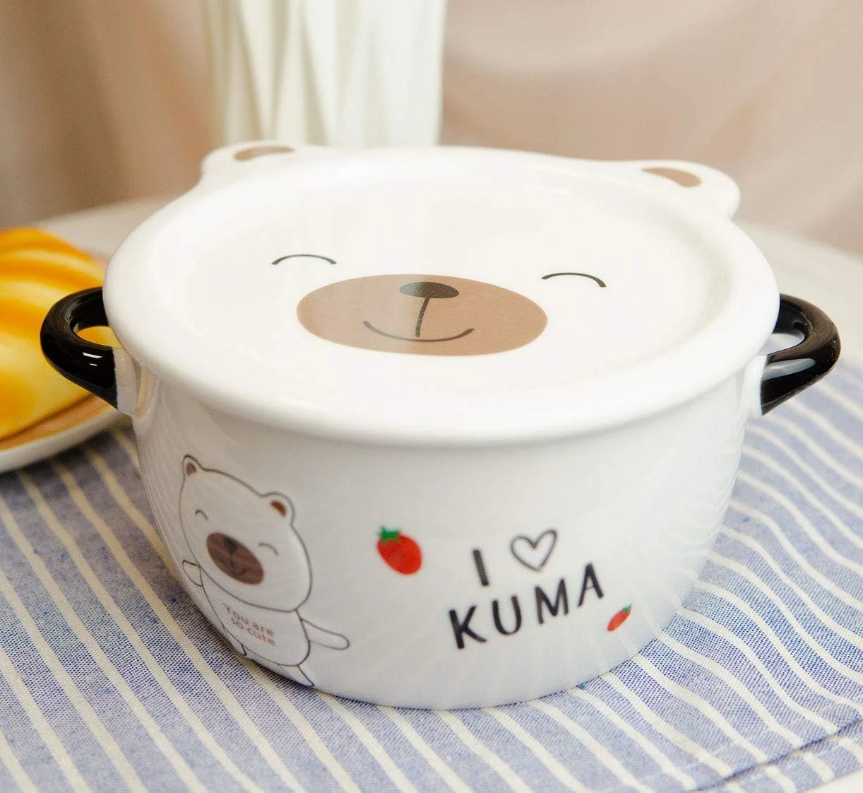 Pack Of 2 Stoneware Porcelain Noodle Miso Soup Rice Dessert Food Bowls 25Oz With Kuma Bear Face Condiment Lid Plate  Side Hles Kids Children Dining Bowl Servewares (White)