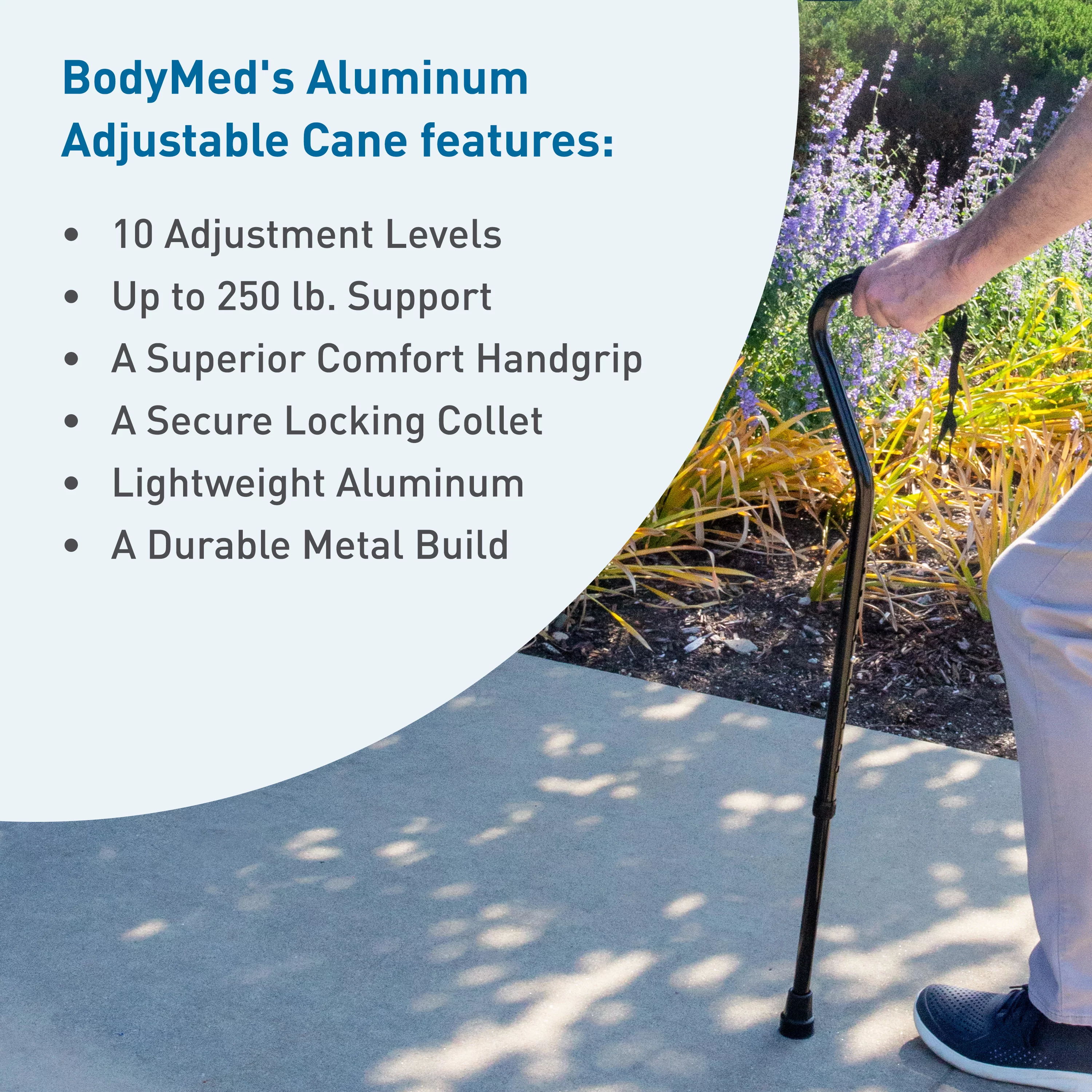 BodyMed Aluminum Vinyl Grip Cane – Walking Crutch for Adults & Seniors – Heavy Duty, Fully Adjustable Cane for Leg Injuries with Vinyl Grip and Contoured Handle