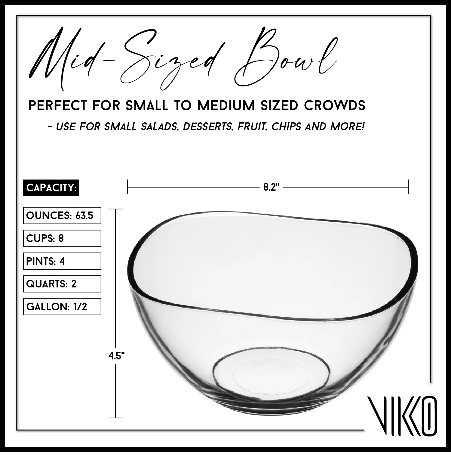 Vikko Glass Serving Bowl, 63.5 Ounce Beautiful Wavy Design, Thick and Durable Glass Mixing Bowl, For Salads, Desserts, Fruit, and More, Microwave and Dishwasher Safe Glass Serving Bowl, 8.2” x 4.5”