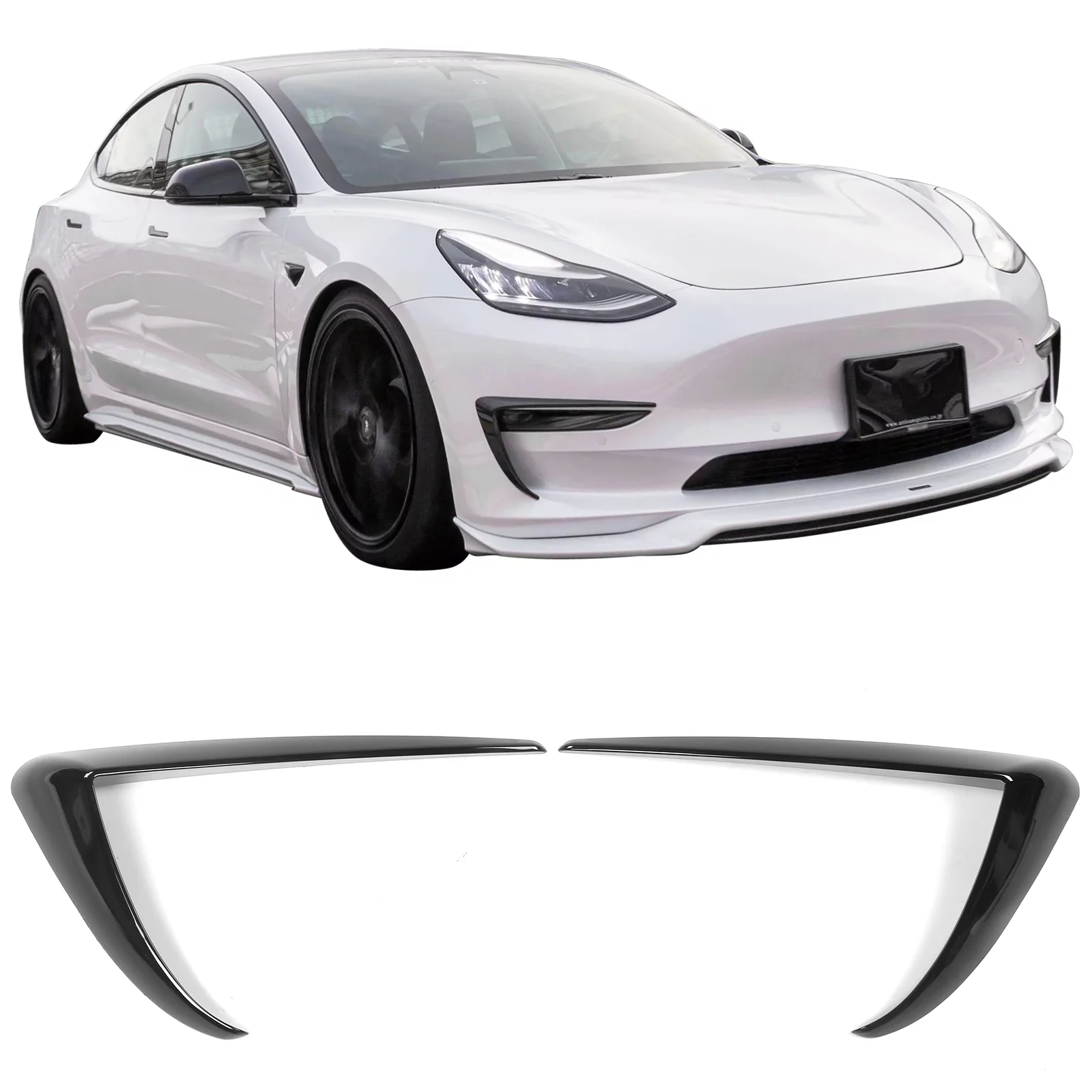 Ikon Motorsports Fog Light Trims Compatible With 2017-2023 Tesla Model 3 Gloss Black IKON Style ABS Plastic Driver Passenger Side Fog Lamp Decoration Accessories Eyebrows Cover 2PC