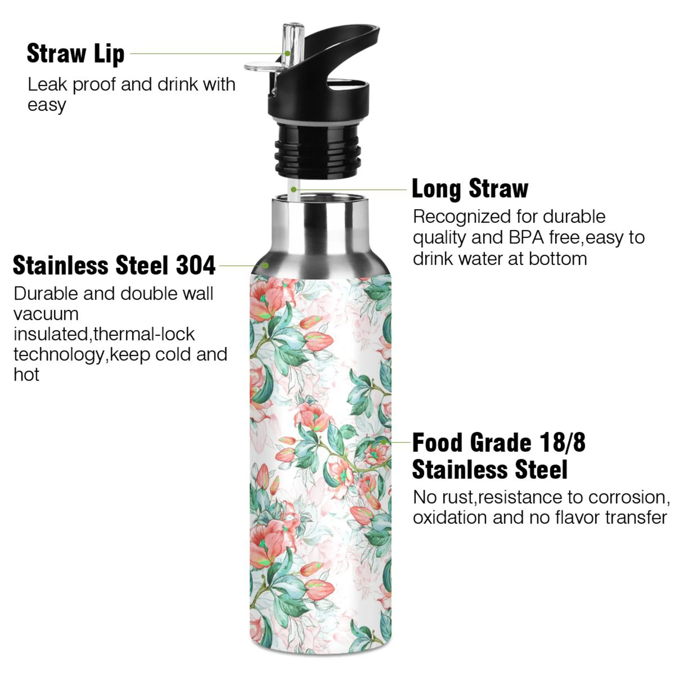 Water Bottle with Straw Lid Leak Red Floral with Green Leaves Stainless Steel Insulated Thermos Vacuum Flask for Cold Hot Drinking for Sports Camping Gym Yoga