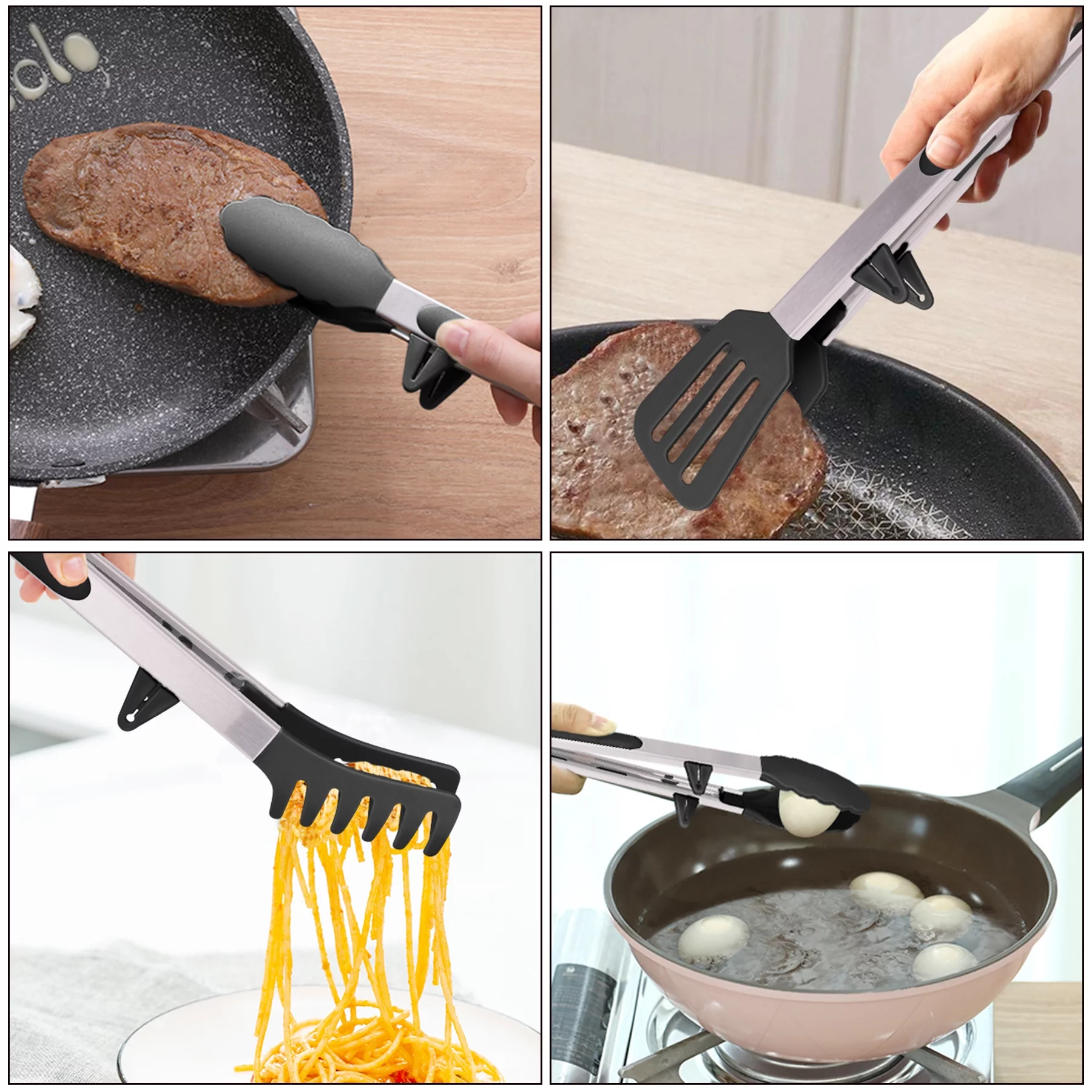4in1 Stainless Steel Kitchen Food Tongs Set for Cooking with BPA Free Silicone Tips, Toaster Steak Pie Pizza Pasta Spaghetti Noodles Salad Fruit Vegetable Grill BBQ Buffet Clamp Serving Tools Gadgets