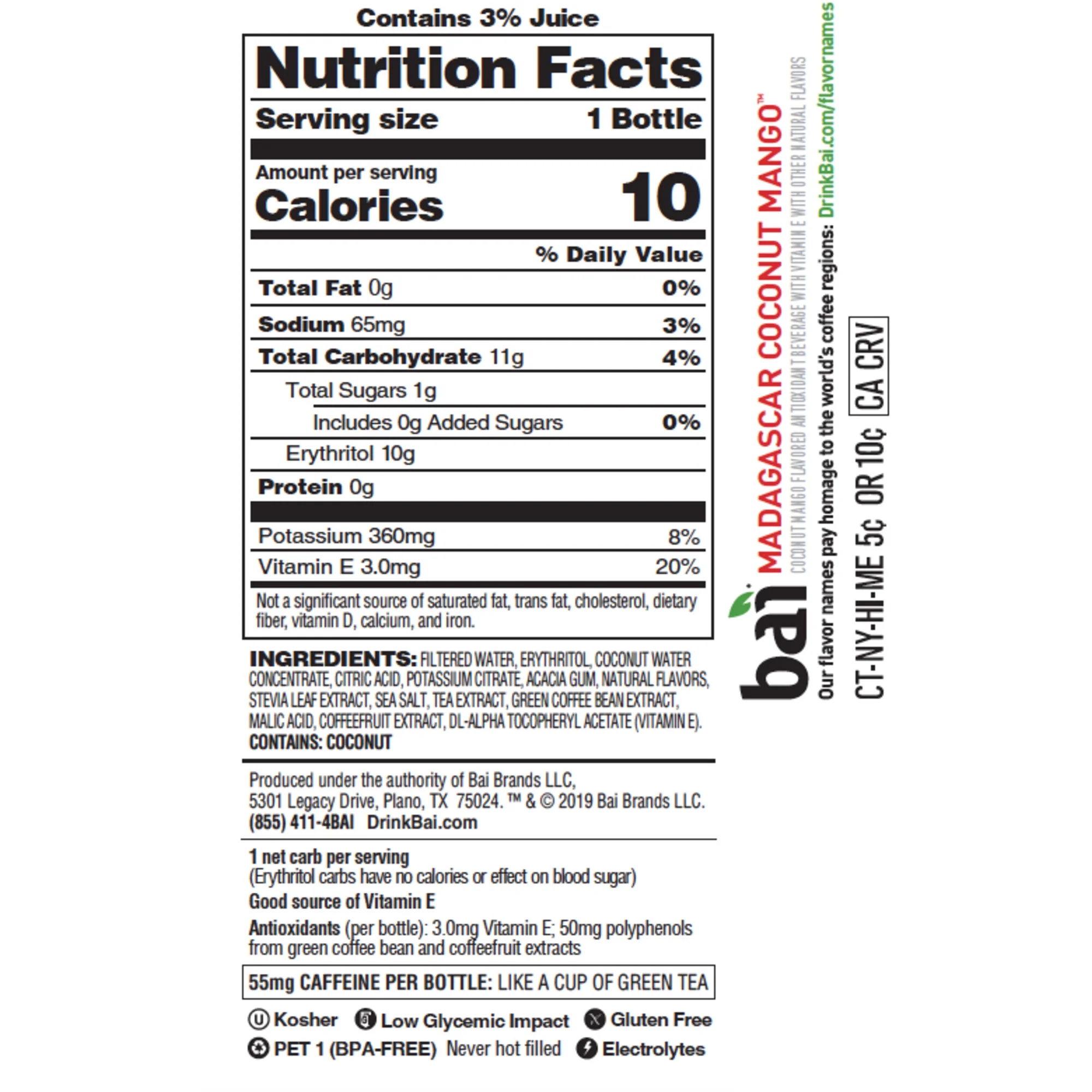 Bai Gluten-Free, Madagascar Coconut Mango, Antioxidant Infused Drinks, 18 Fl Oz, 12 Pack Bottles