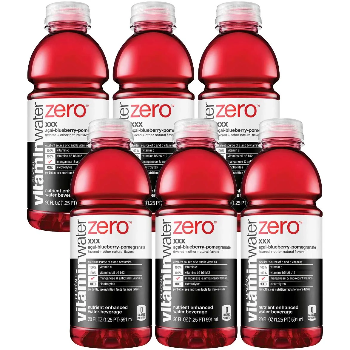 Vitamin Water Zero, Acai-Blueberry-Pomegranate - Xxx, 20Oz Bottle (Pack Of 6, Total Of 120 Oz)