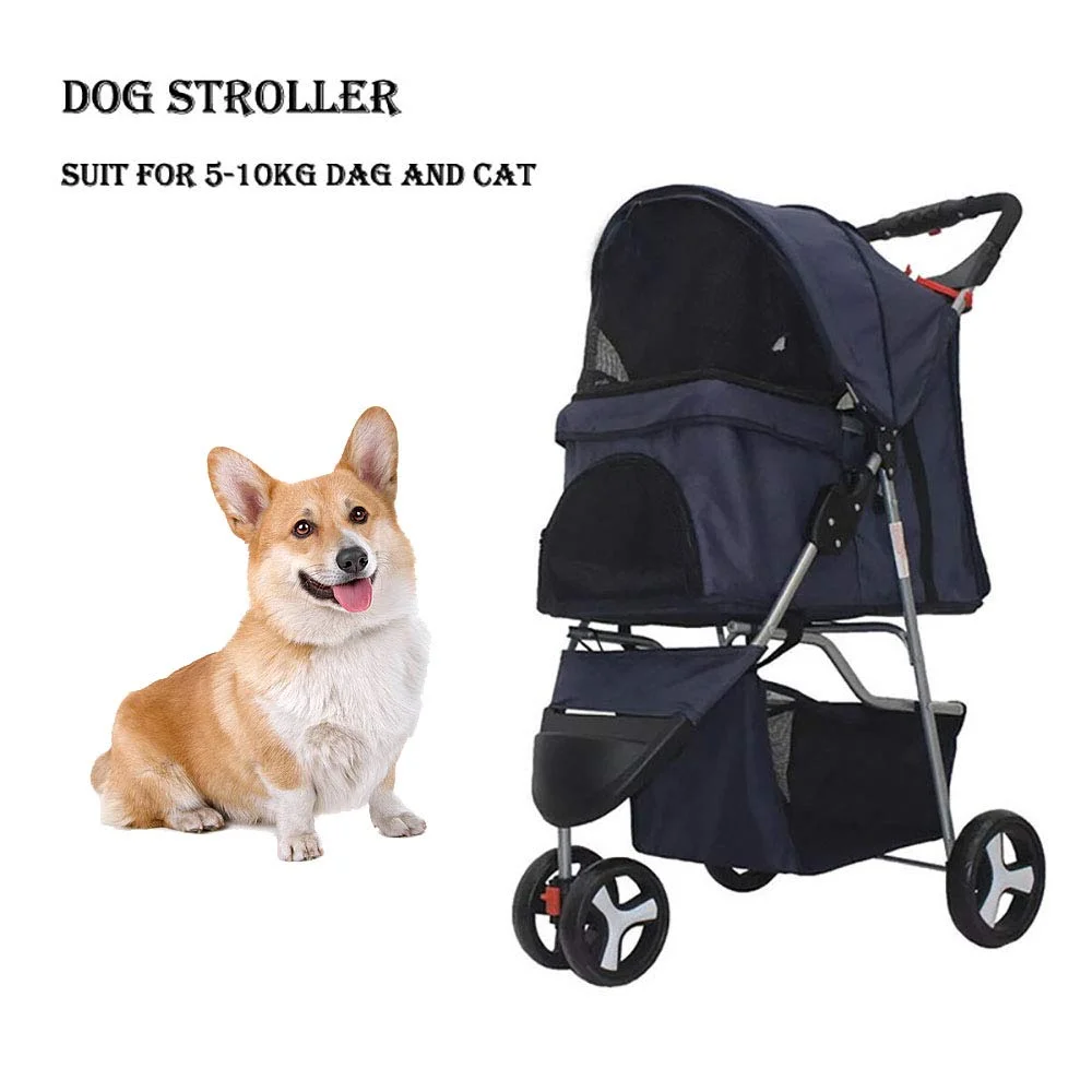Foldable Pet Dog Stroller, 3 Wheels Pet Stroller With Weather Cover & Storage Basket Travel Folding For Dog And Cat (Blue)