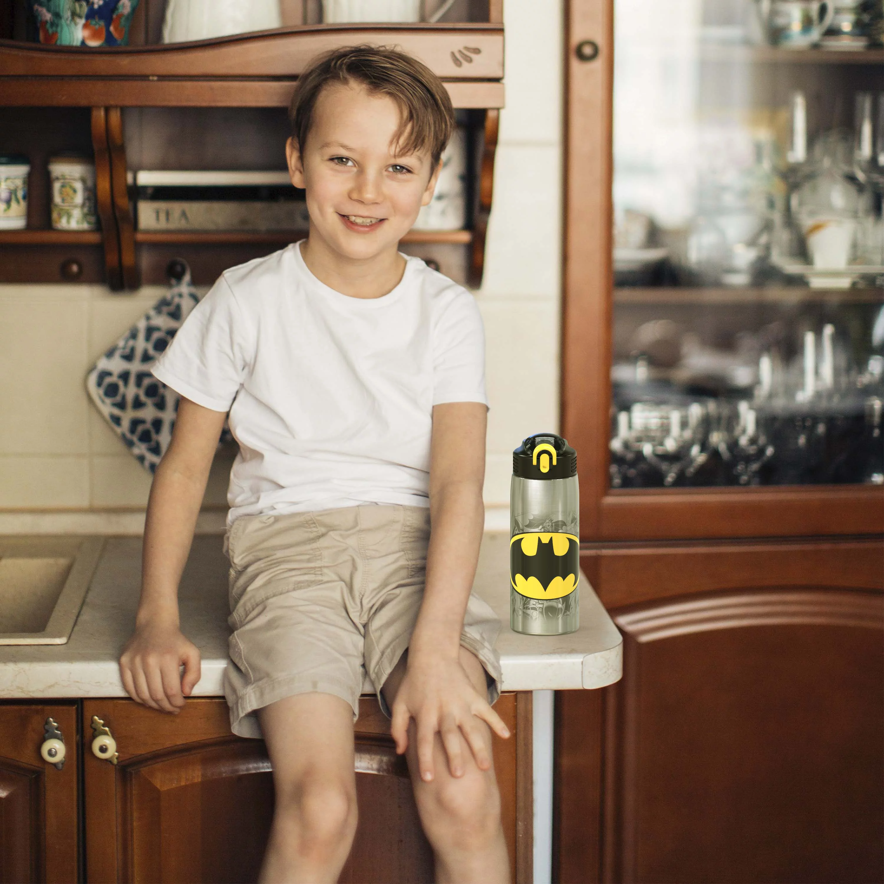 Zak Designs 27 oz. DC Comics Stainless Steel Water Bottle with Flip-up Straw Spout, Batman